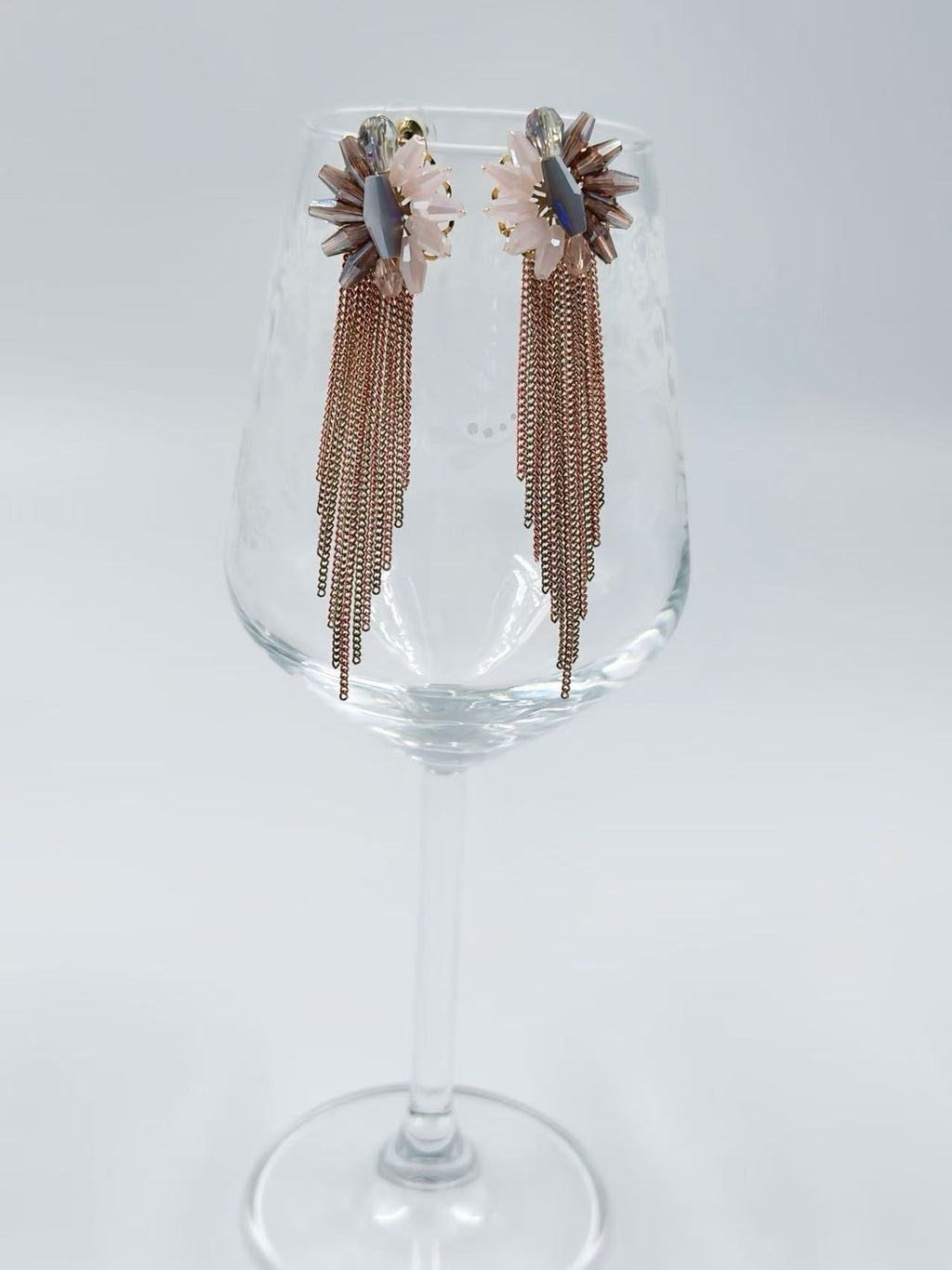Crystal Burst Earrings with Blush-Gold Draped Chains