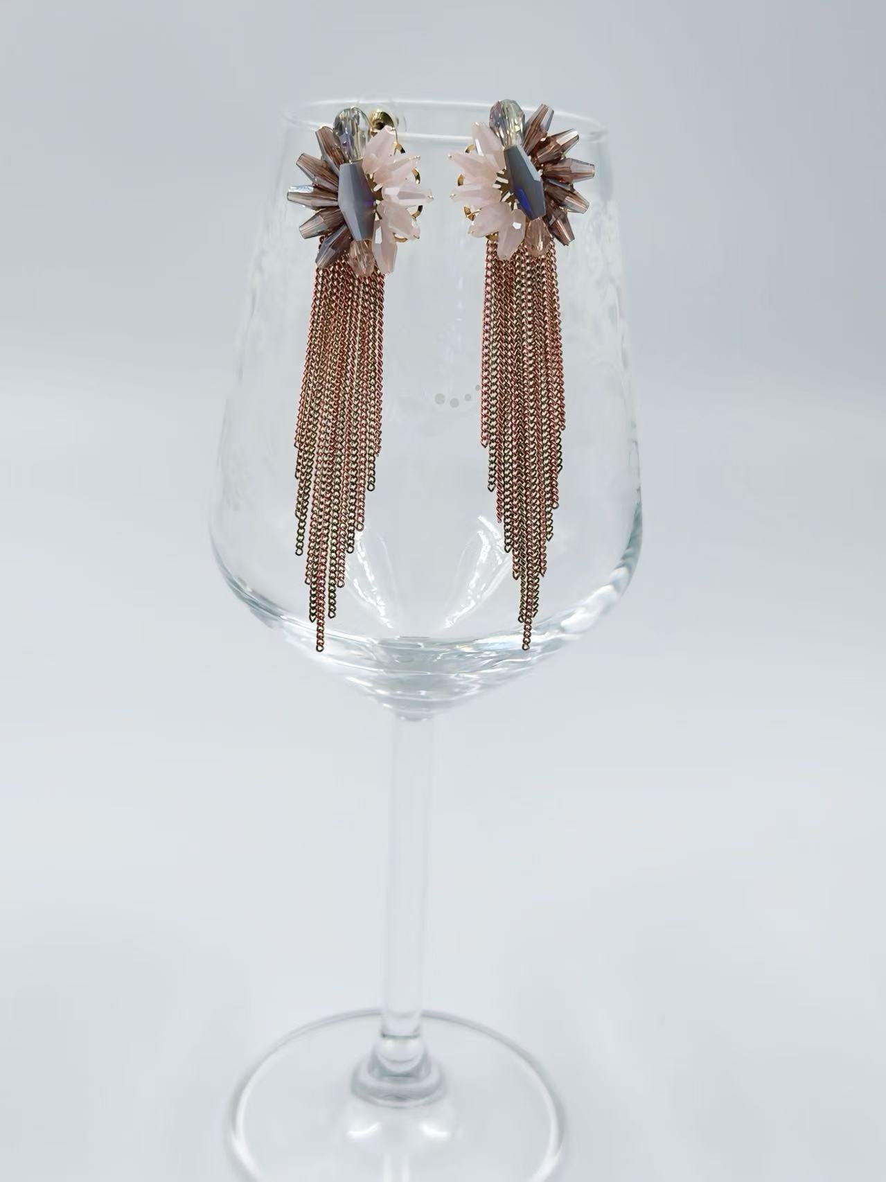 Crystal Burst Earrings with Blush-Gold Draped Chains