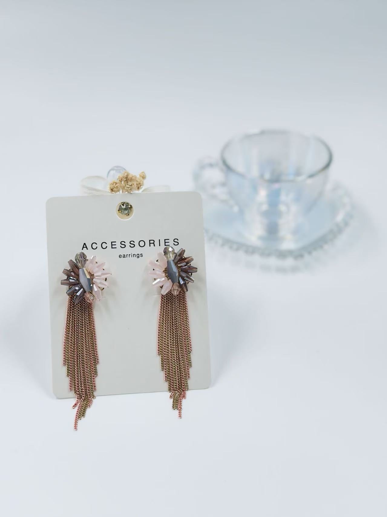 Crystal Burst Earrings with Blush-Gold Draped Chains
