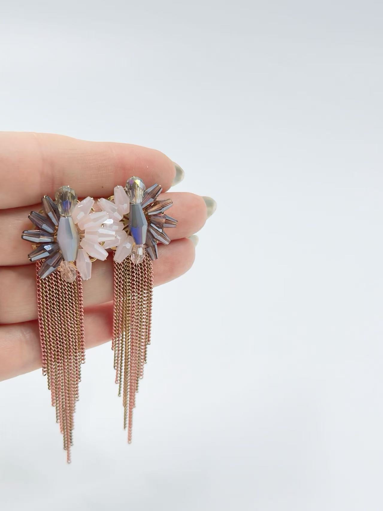 Crystal Burst Earrings with Blush-Gold Draped Chains
