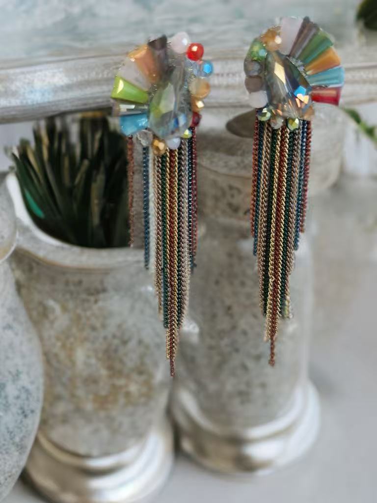 Boho Prism Cluster Earrings with Mixed Metal Fringe