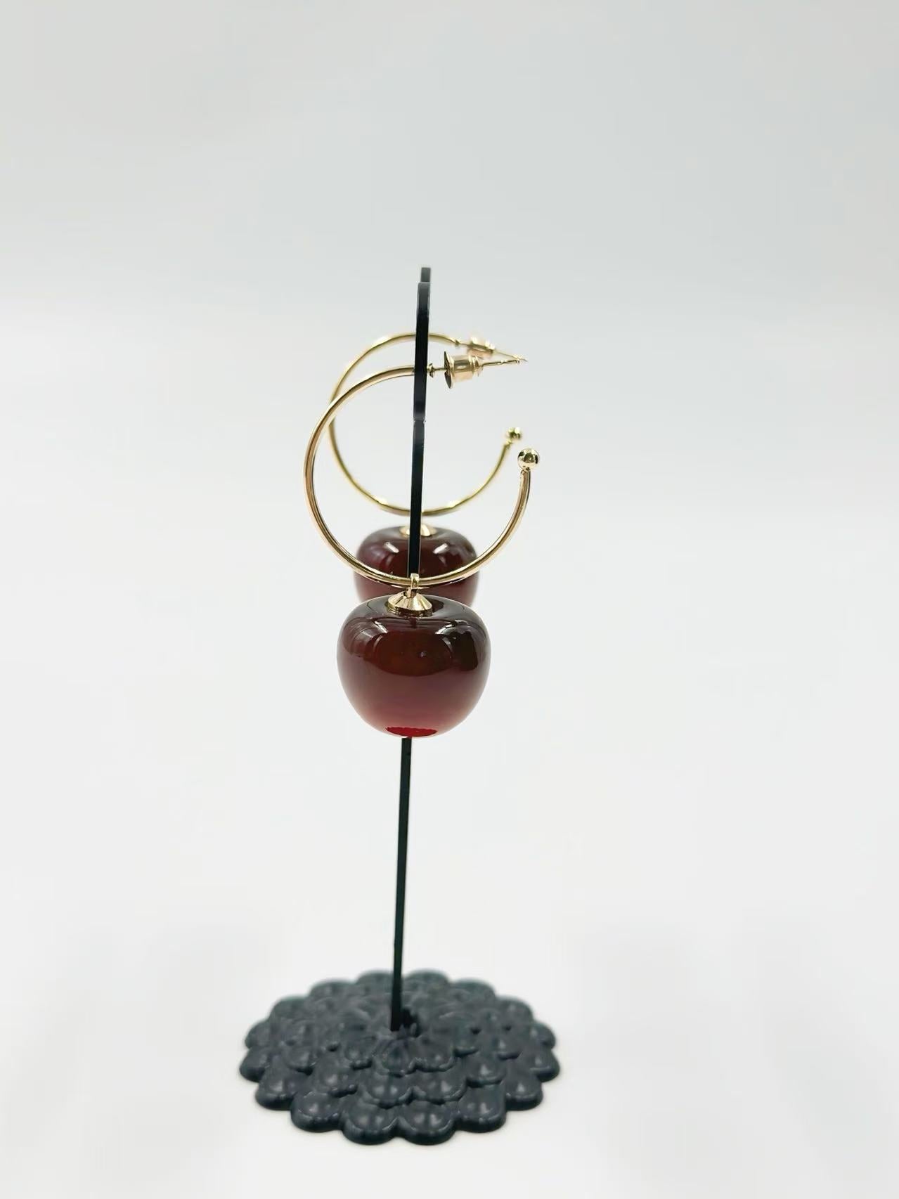 Glossy Cherry Drop Hoop Earrings