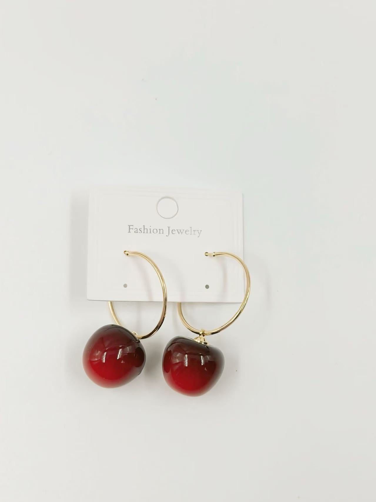 Glossy Cherry Drop Hoop Earrings