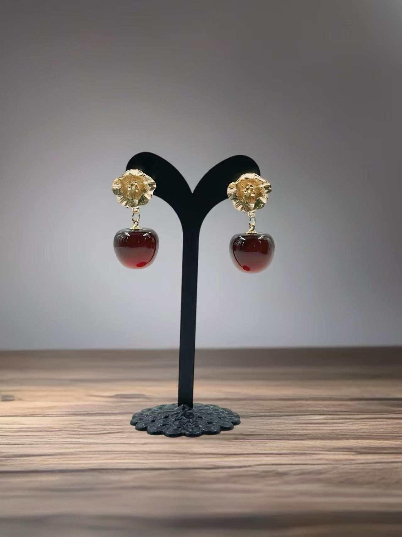 Vintage Cherry Drop Earrings with Gold Floral Stud