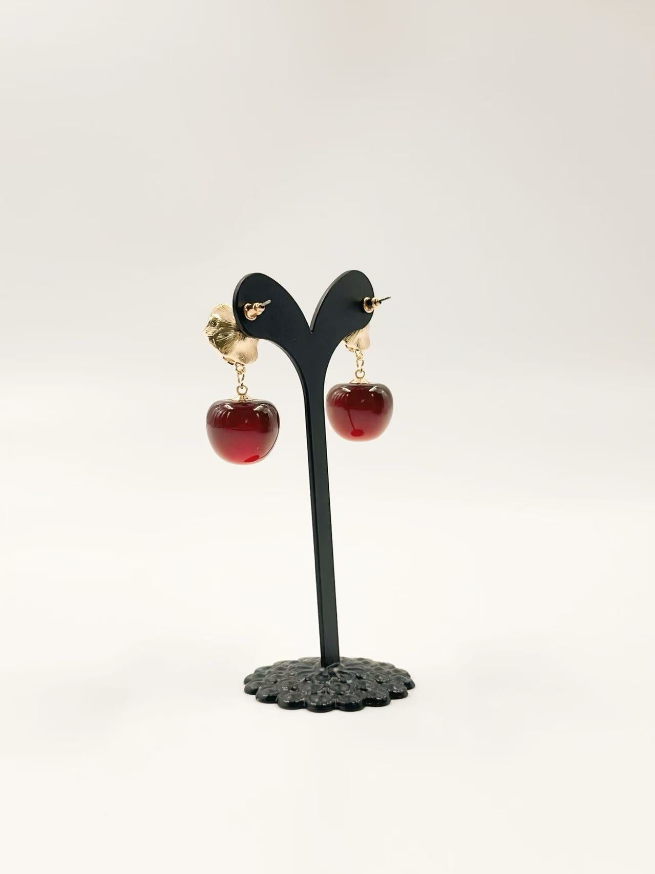 Vintage Cherry Drop Earrings with Gold Floral Stud