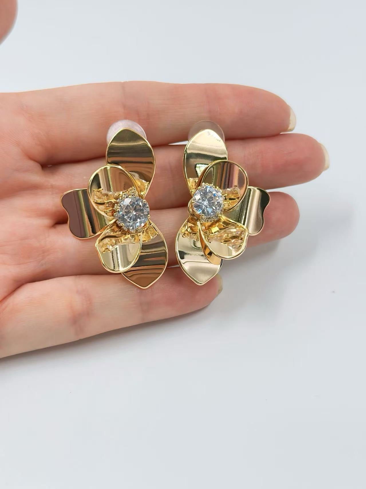 Golden Orchid Crystal Stud Earrings
