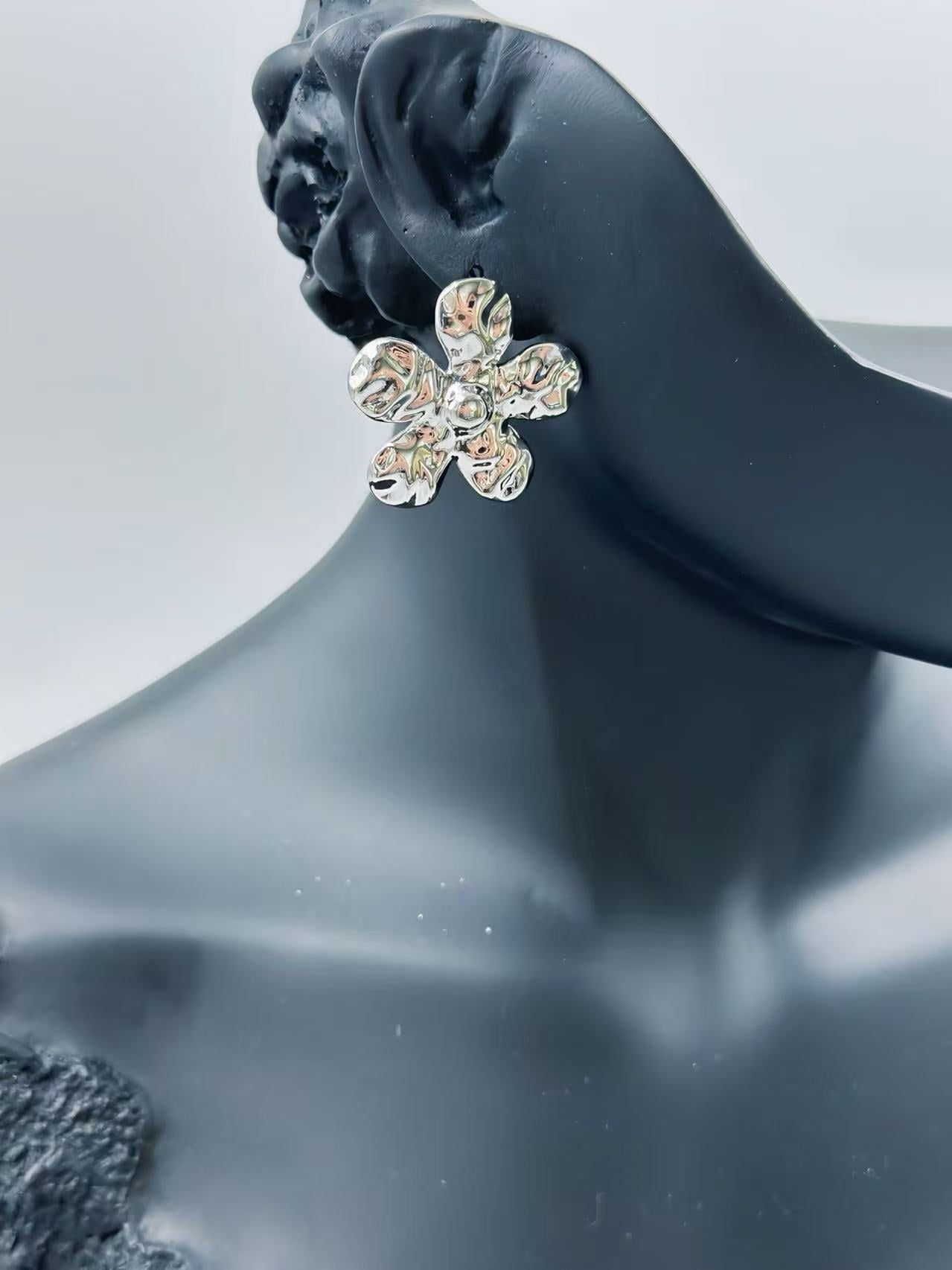 Silver-Tone Textured Floral Drop Earrings