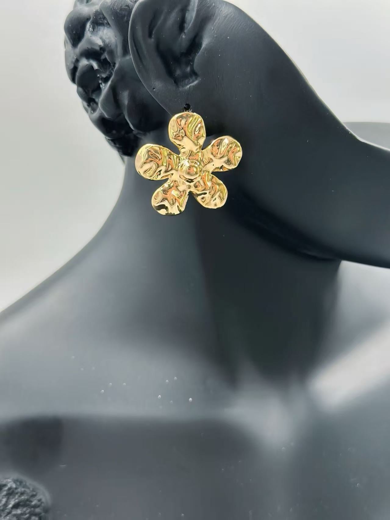 Gold-Tone Textured Floral Drop Earrings