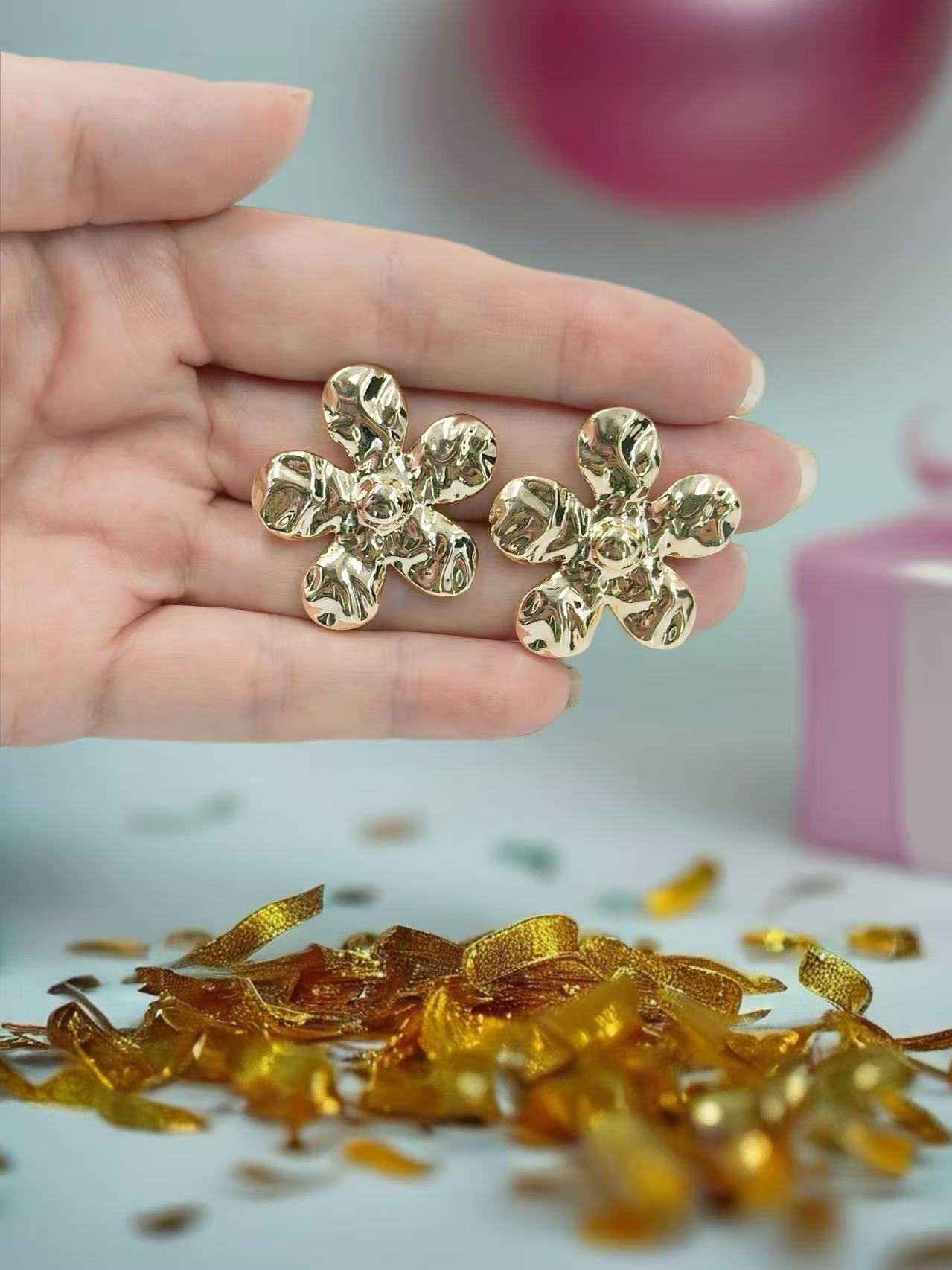 Gold-Tone Textured Floral Drop Earrings