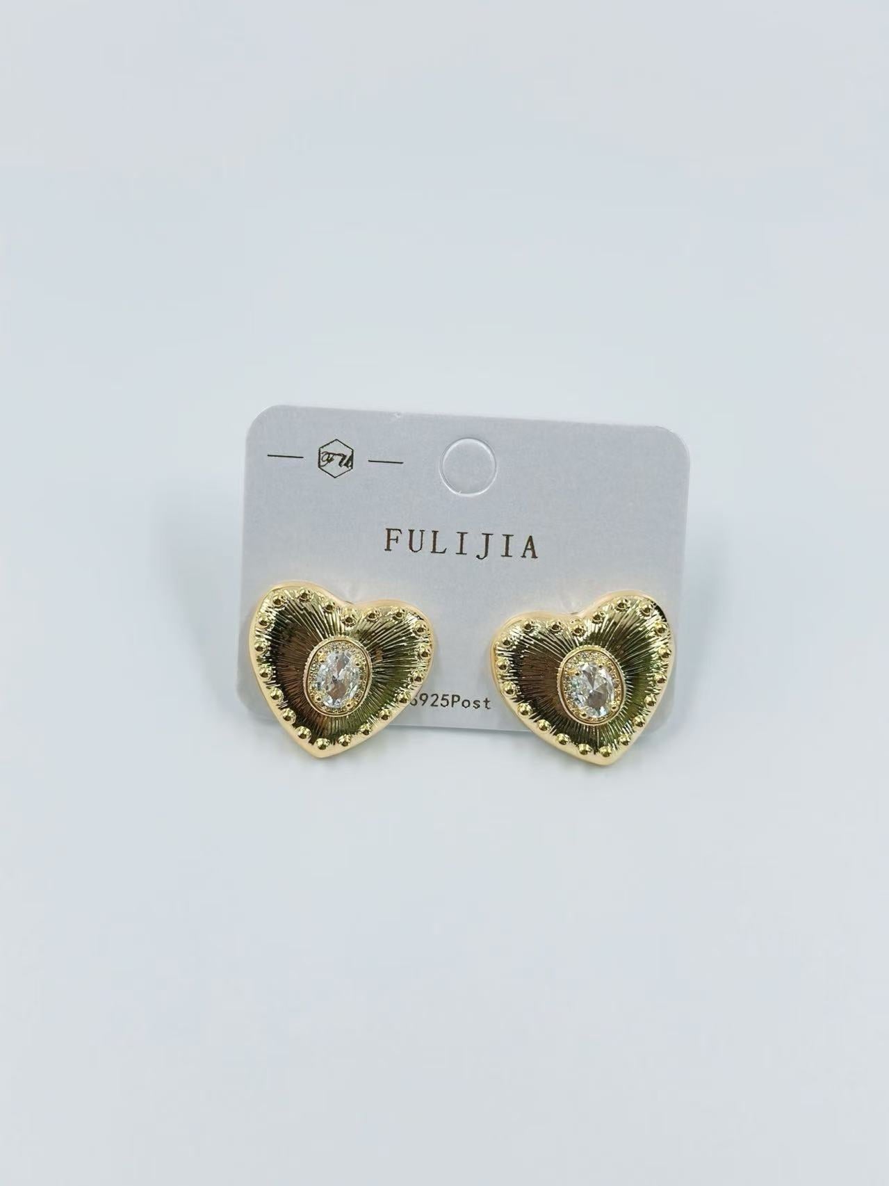Gold Radiant Heart Crystal Stud Earrings