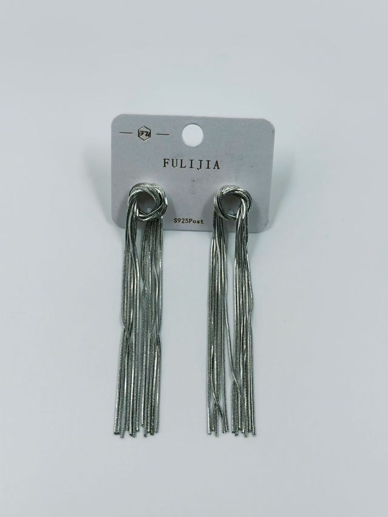 Silver Knot Tassel Statement Earrings