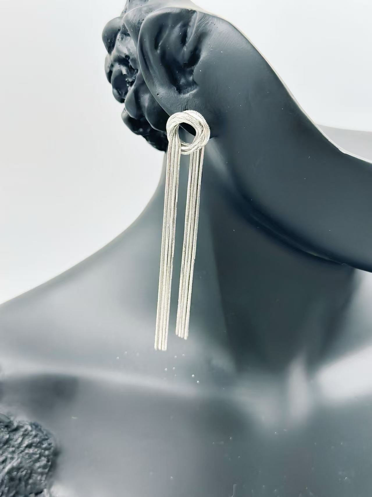 Silver Knot Tassel Statement Earrings