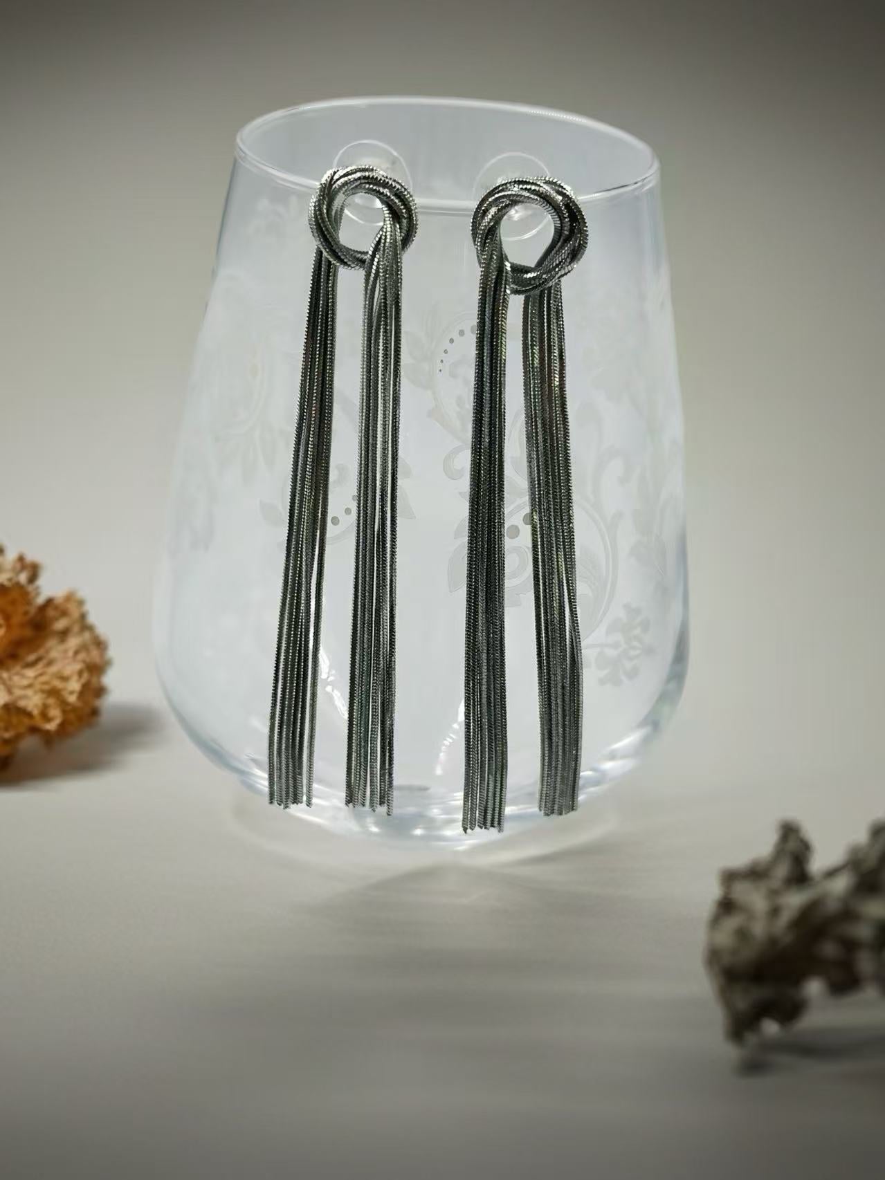 Silver Knot Tassel Statement Earrings