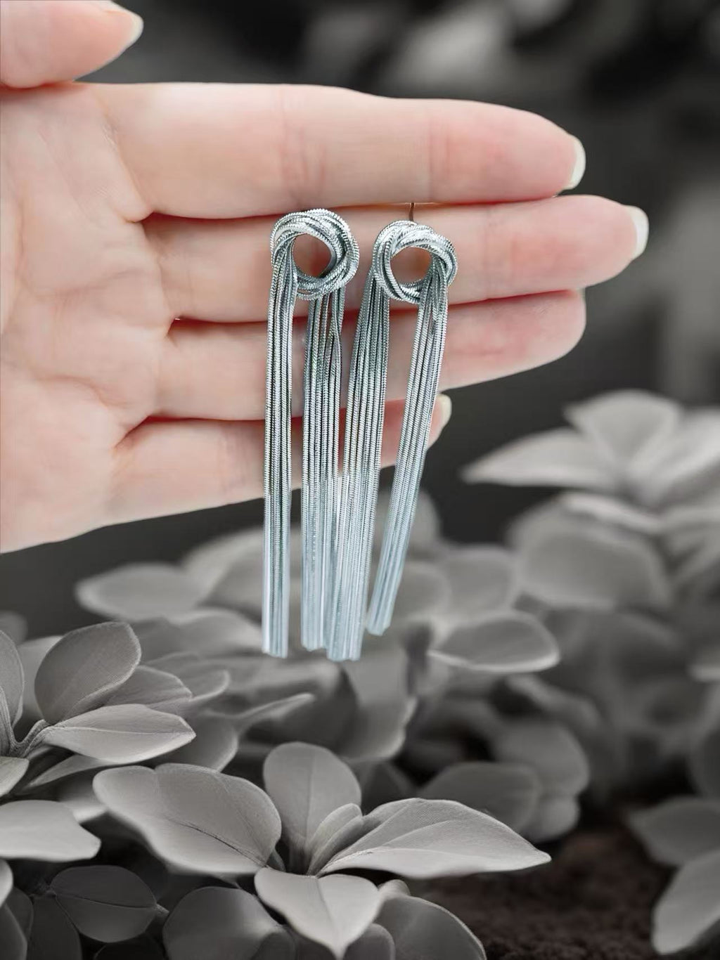 Silver Knot Tassel Statement Earrings
