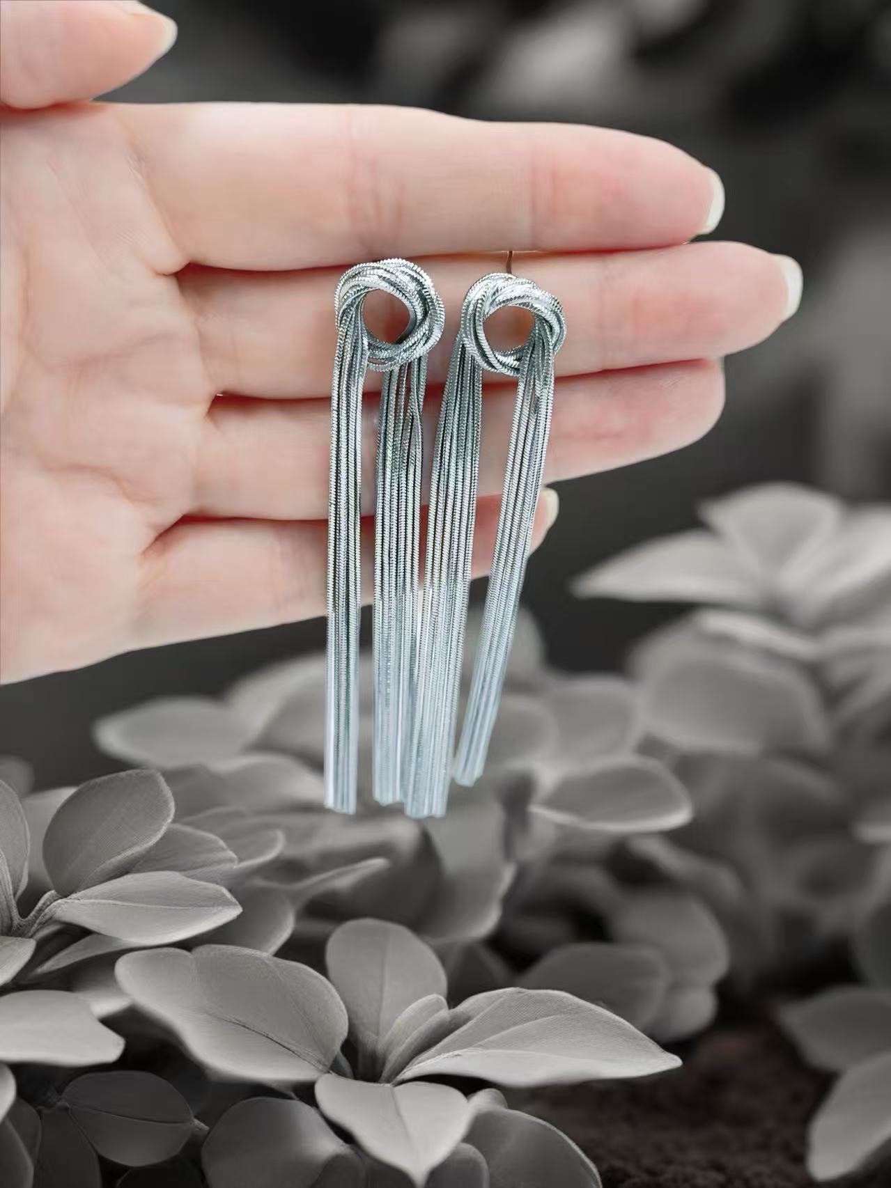 Silver Knot Tassel Statement Earrings