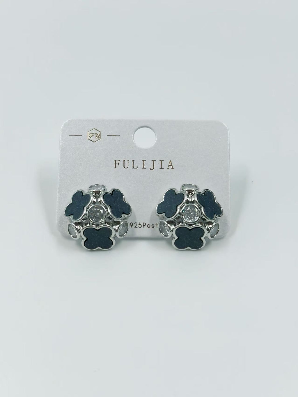 Silver Black Clover Cluster Stud Earrings