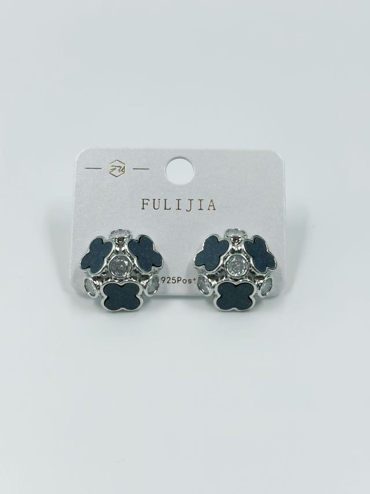 Silver Black Clover Cluster Stud Earrings