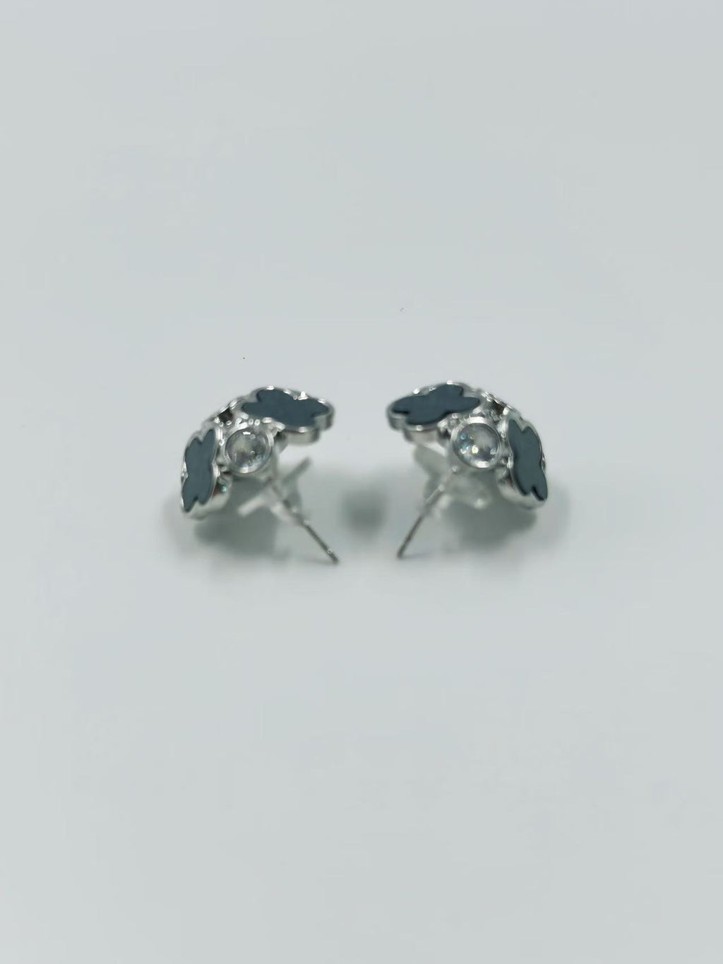Silver Black Clover Cluster Stud Earrings