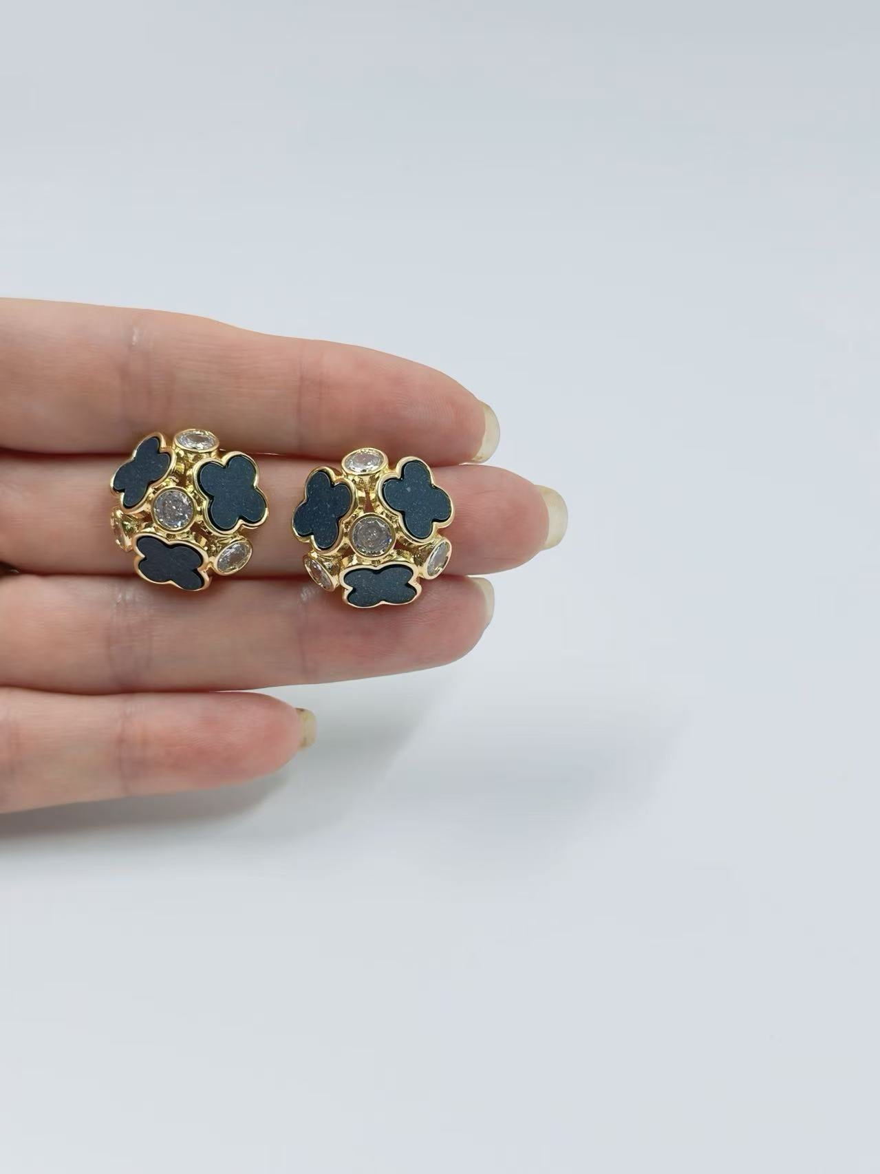 Gold Black Clover Cluster Stud Earrings