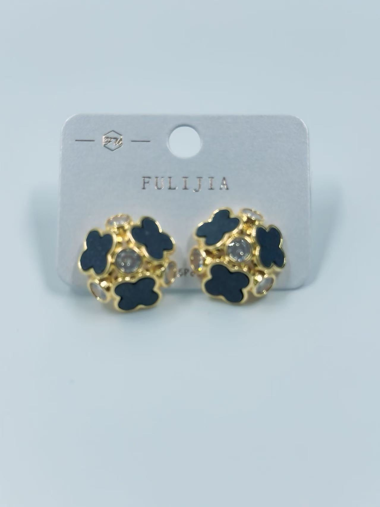 Gold Black Clover Cluster Stud Earrings