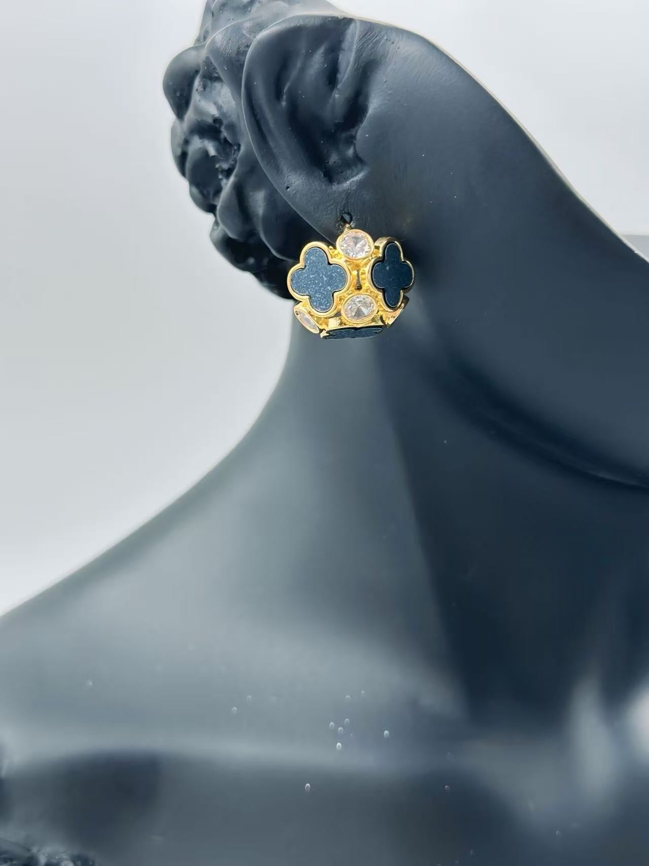 Gold Black Clover Cluster Stud Earrings