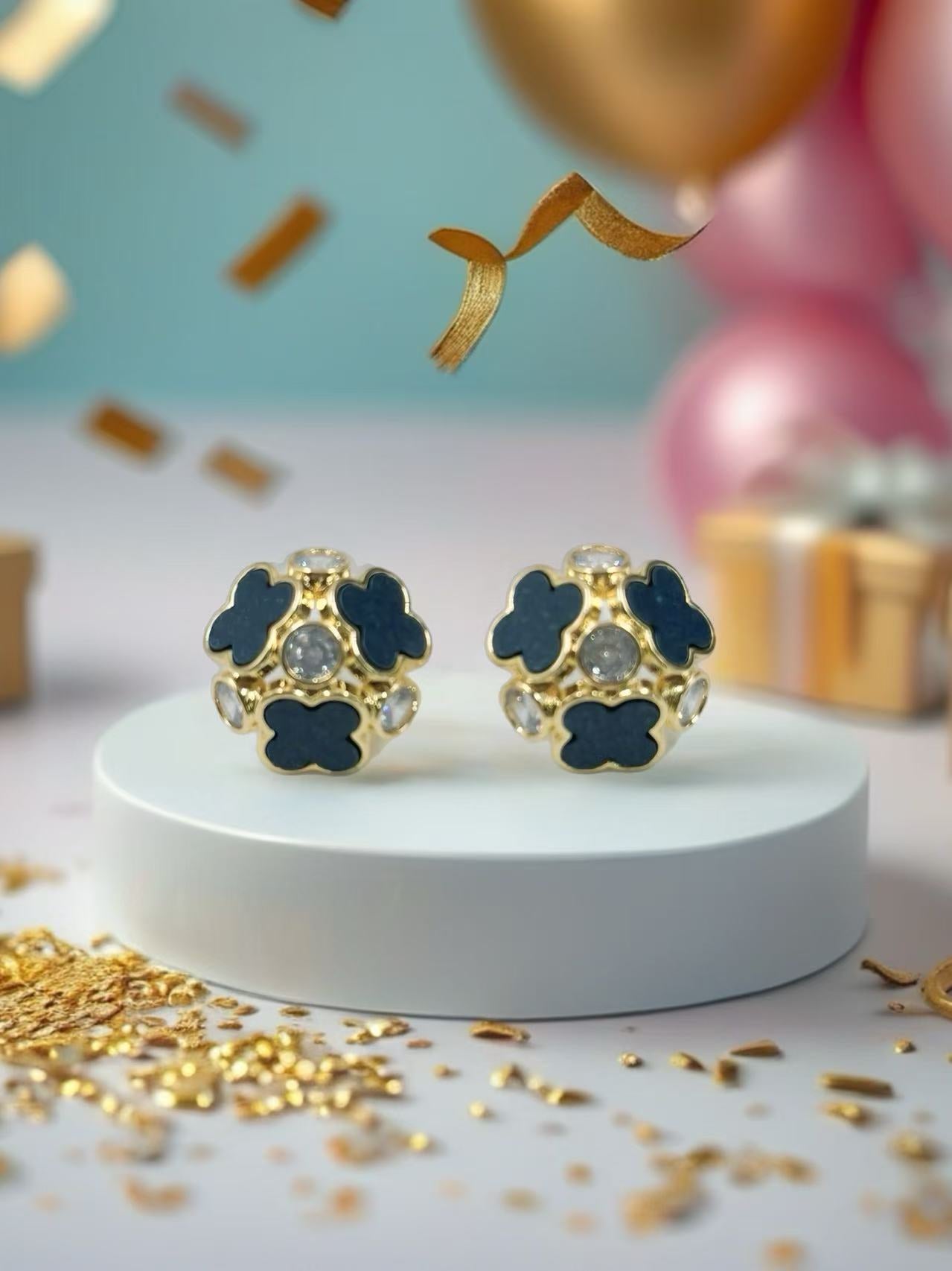 Gold Black Clover Cluster Stud Earrings