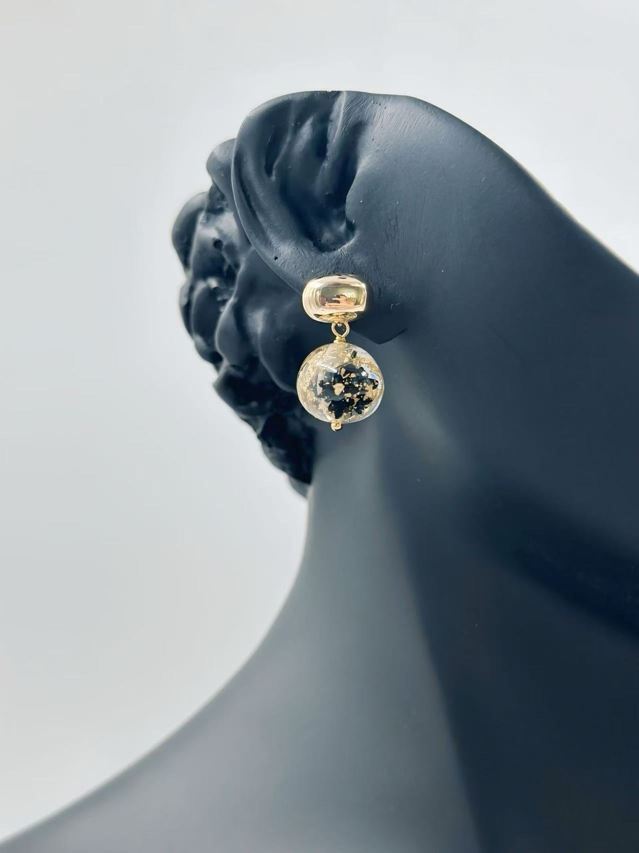 Gold-Tone Resin Drop Earrings with Black & Gold Flakes