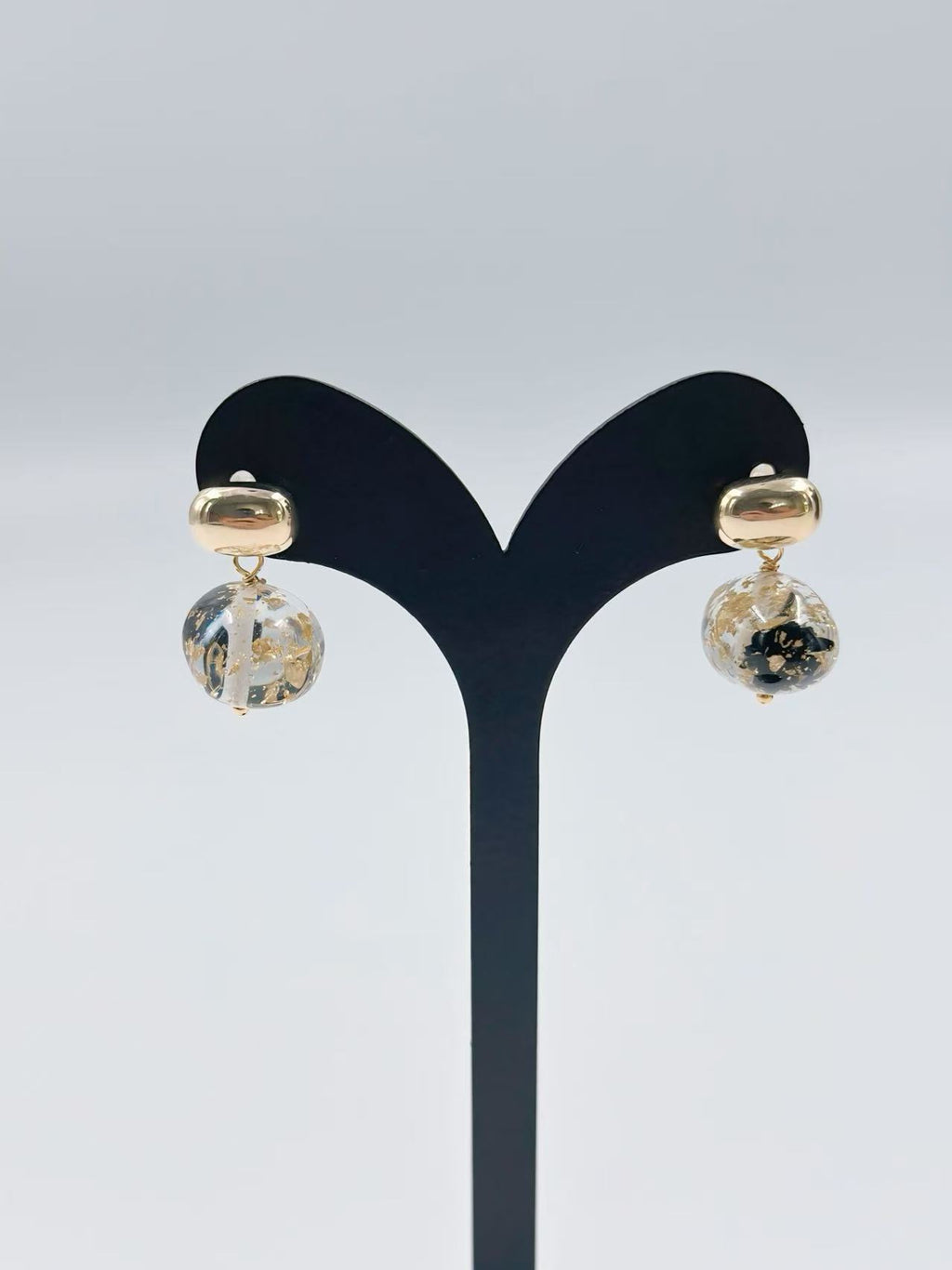 Gold-Tone Resin Drop Earrings with Black & Gold Flakes