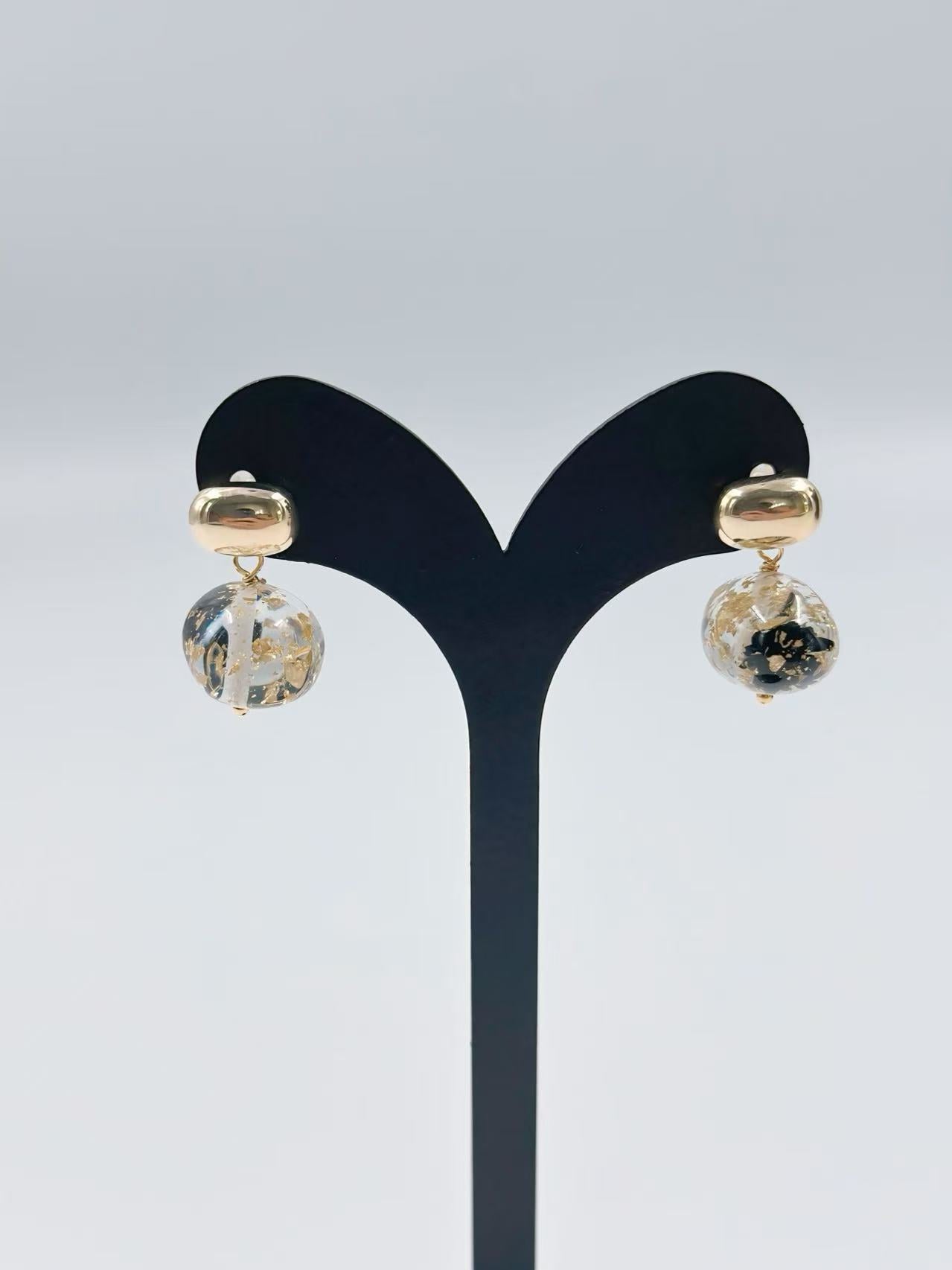 Gold-Tone Resin Drop Earrings with Black & Gold Flakes