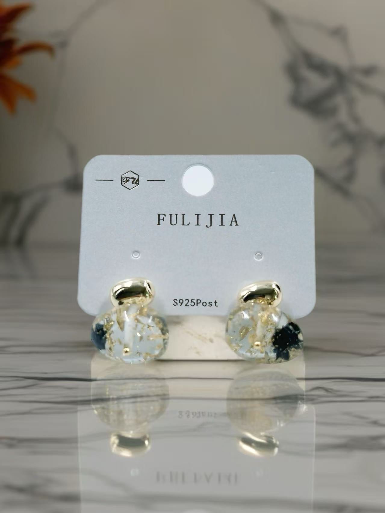 Gold-Tone Resin Drop Earrings with Black & Gold Flakes