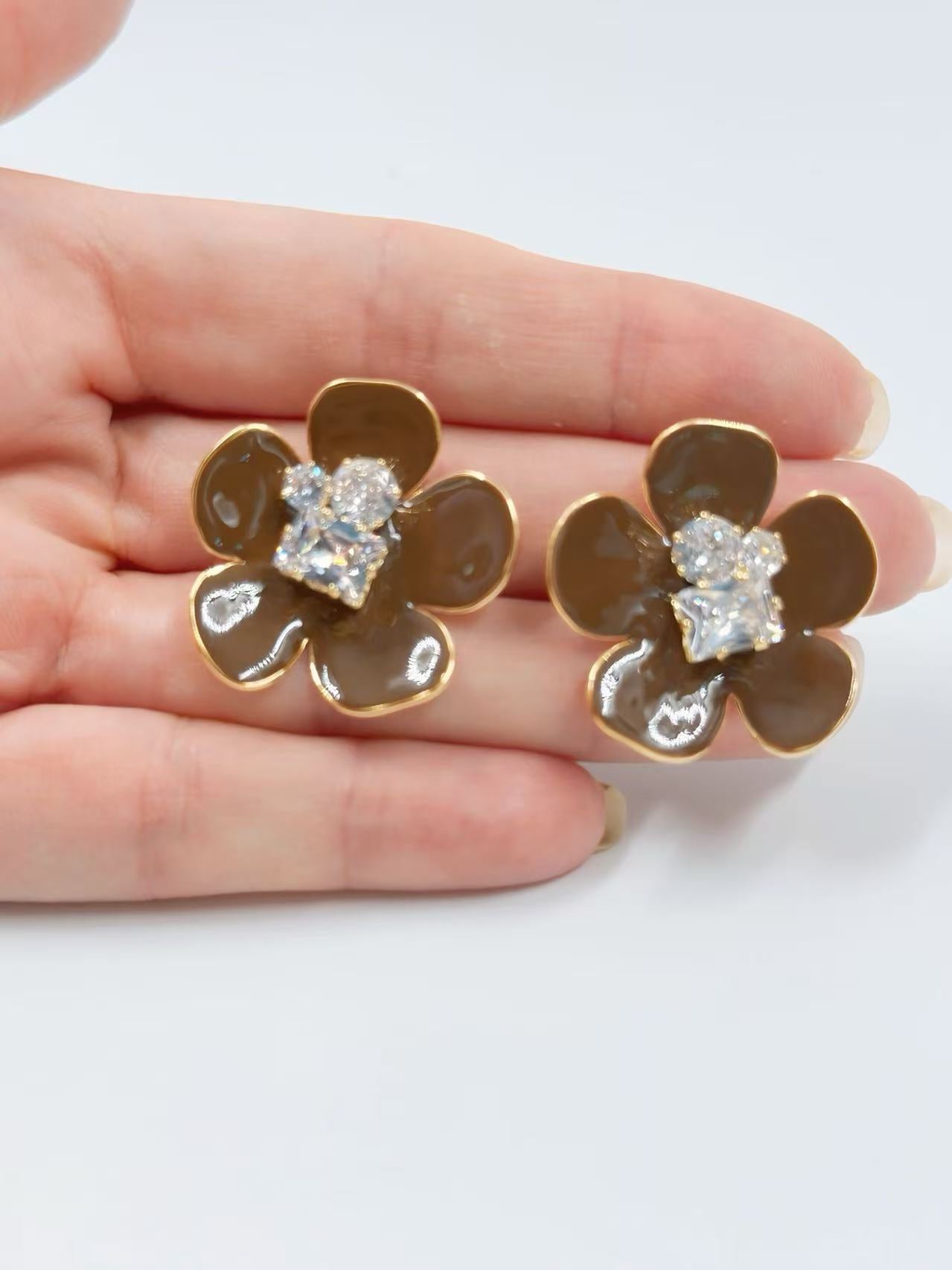 Glossy Brown Floral Stud Earrings