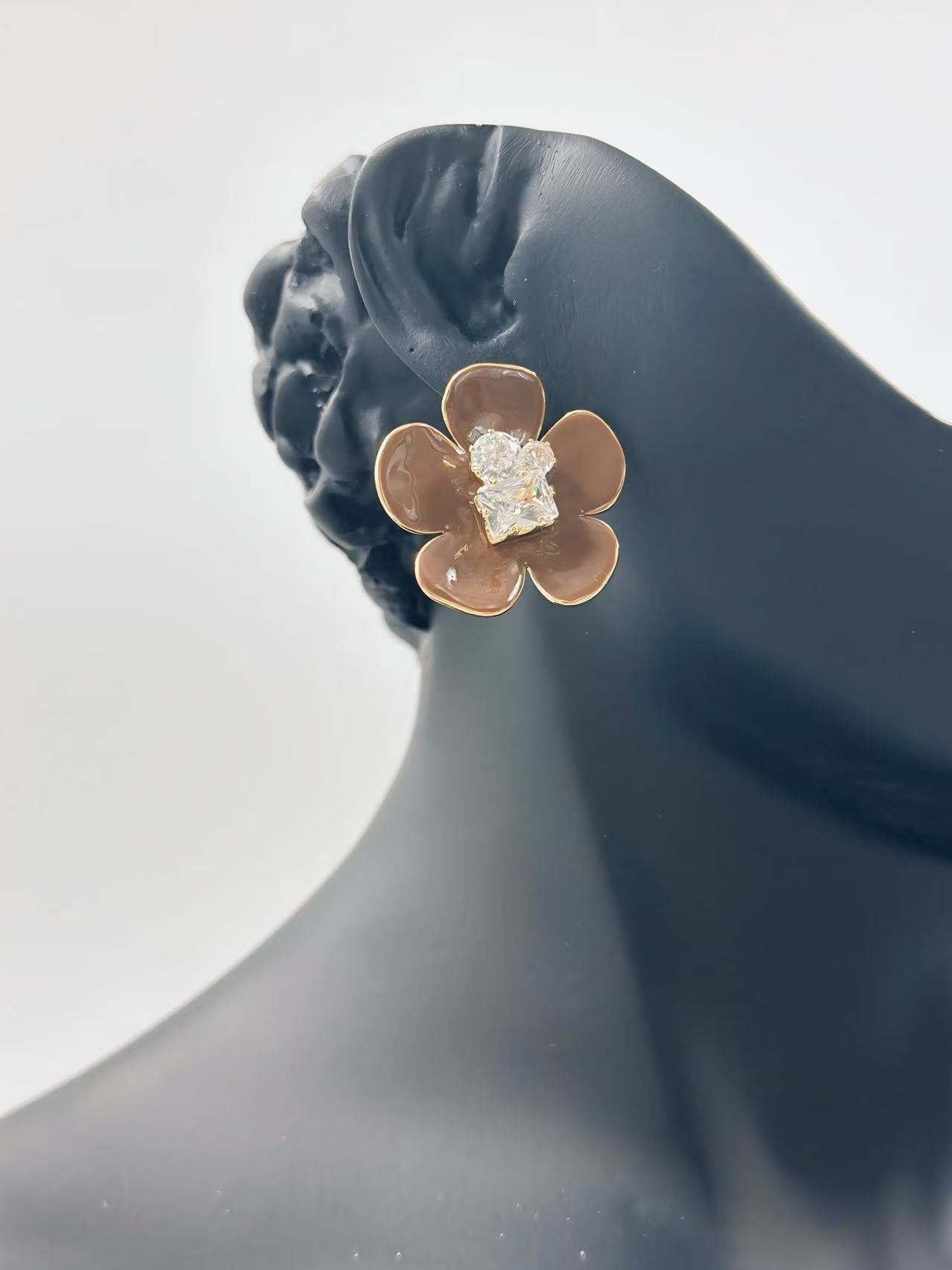 Glossy Brown Floral Stud Earrings