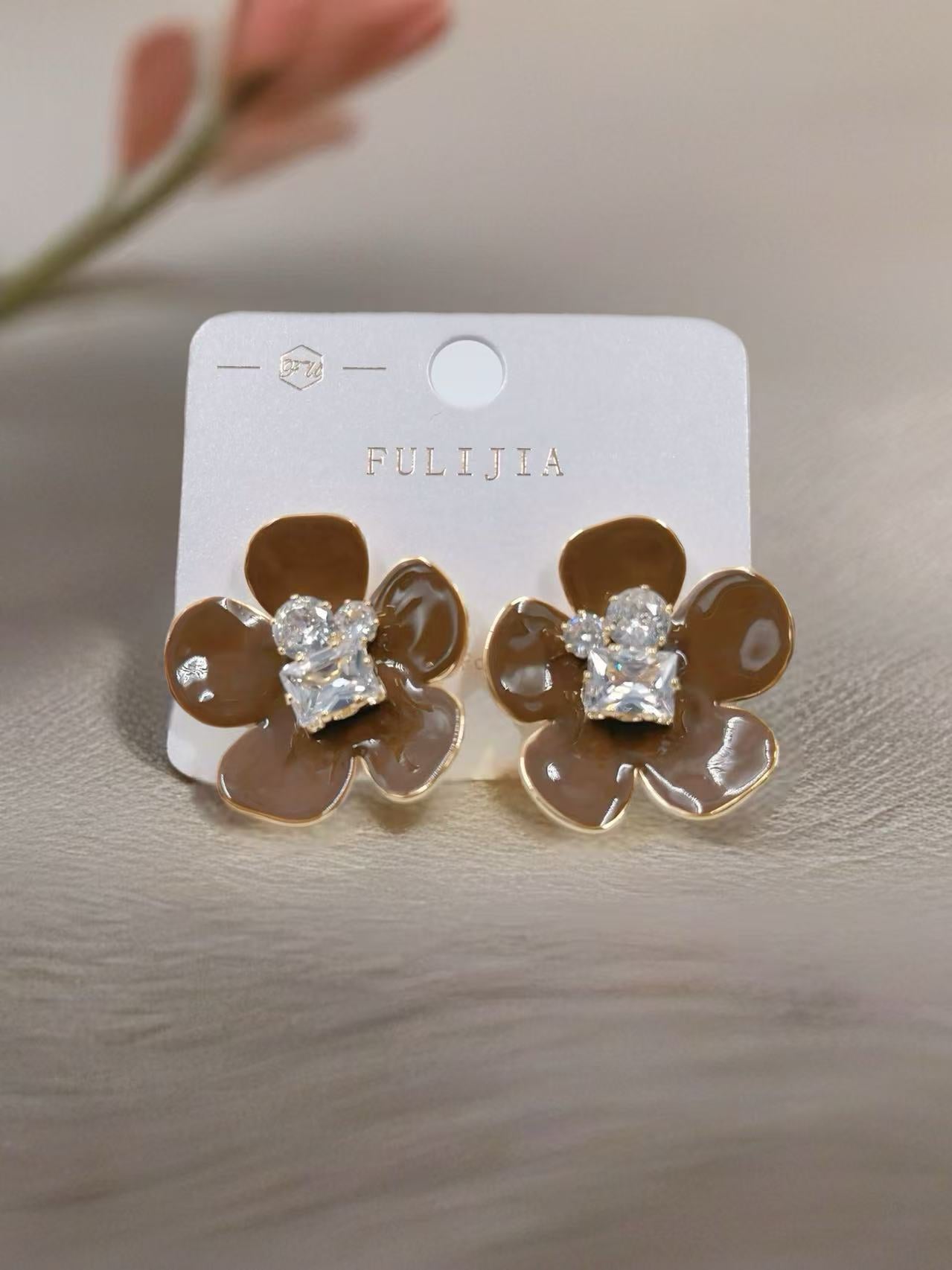 Glossy Brown Floral Stud Earrings