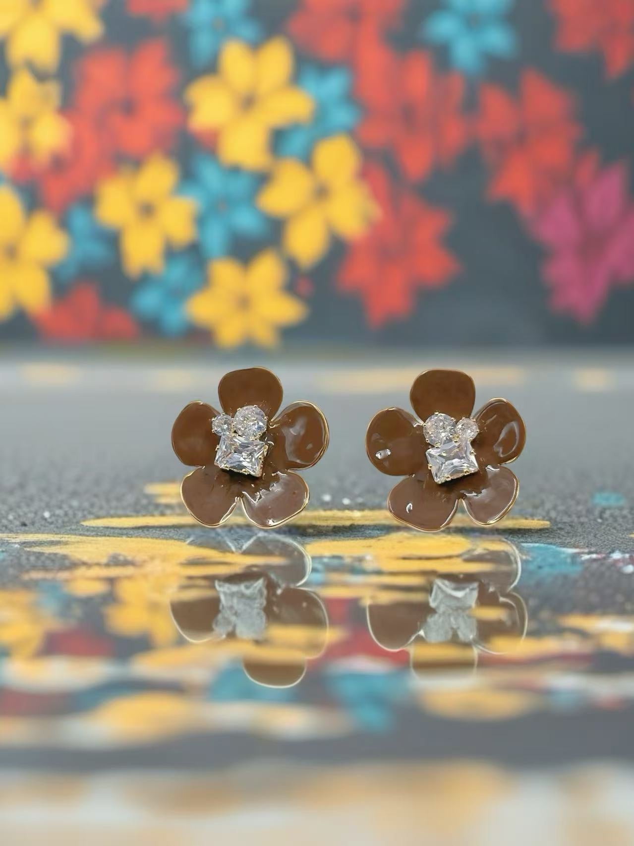 Glossy Brown Floral Stud Earrings