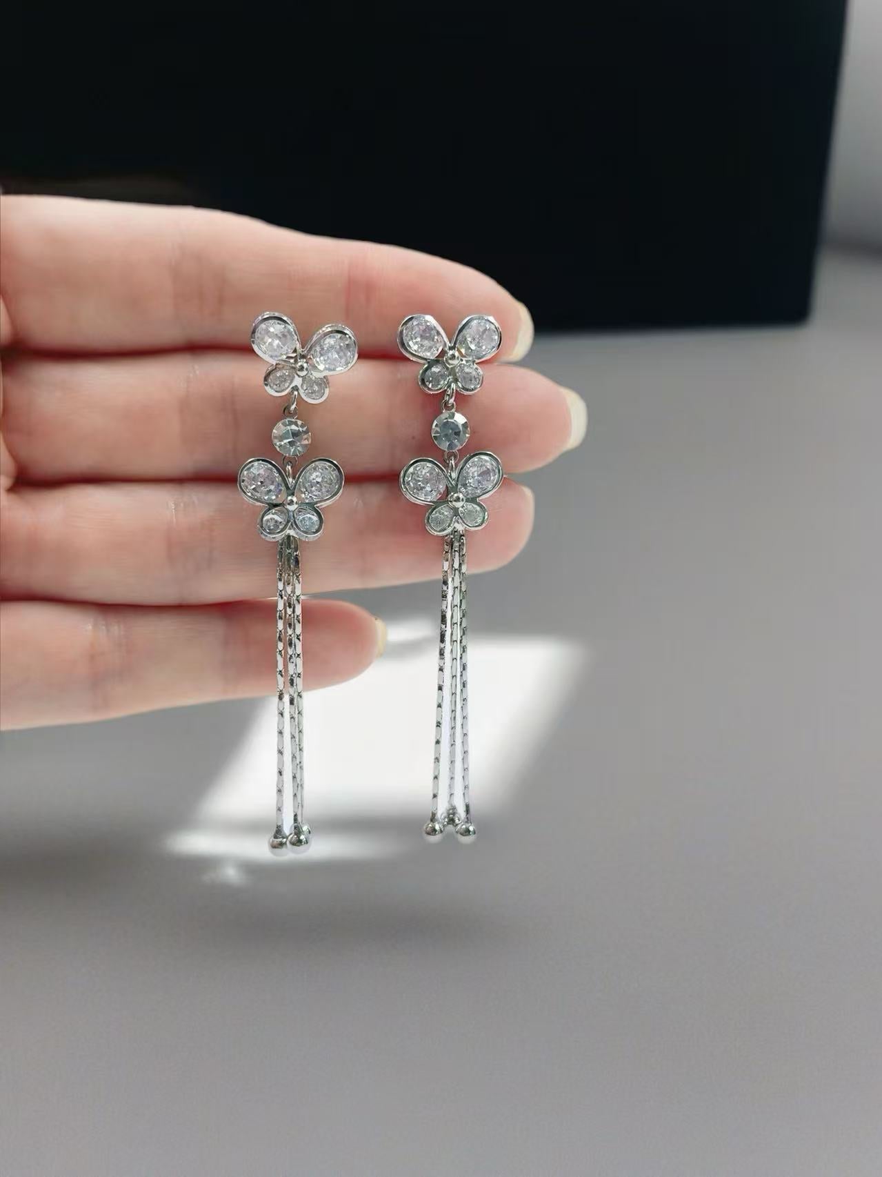 Silver-Tone Butterfly Drop Earrings with Chain Tassels