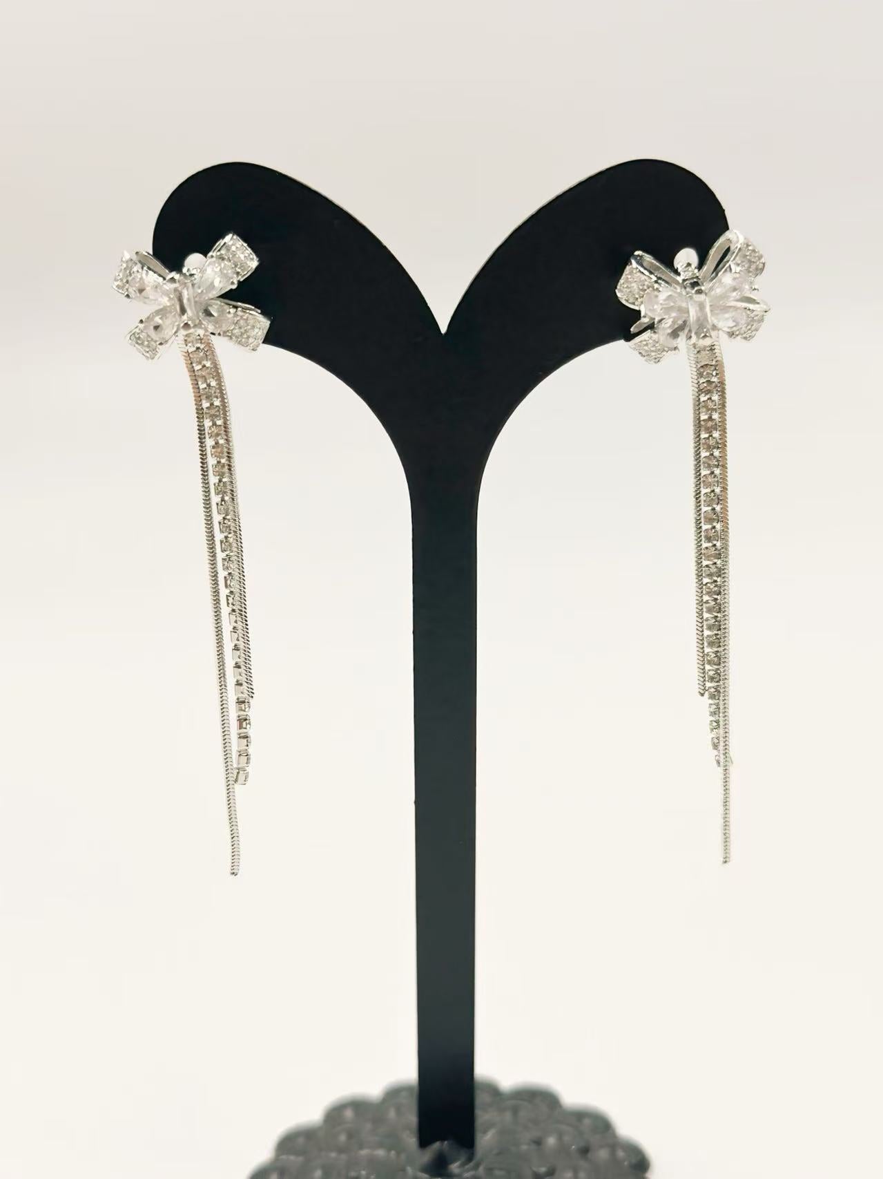 Elegant Bow Drop Earrings with Double Chain Tassels