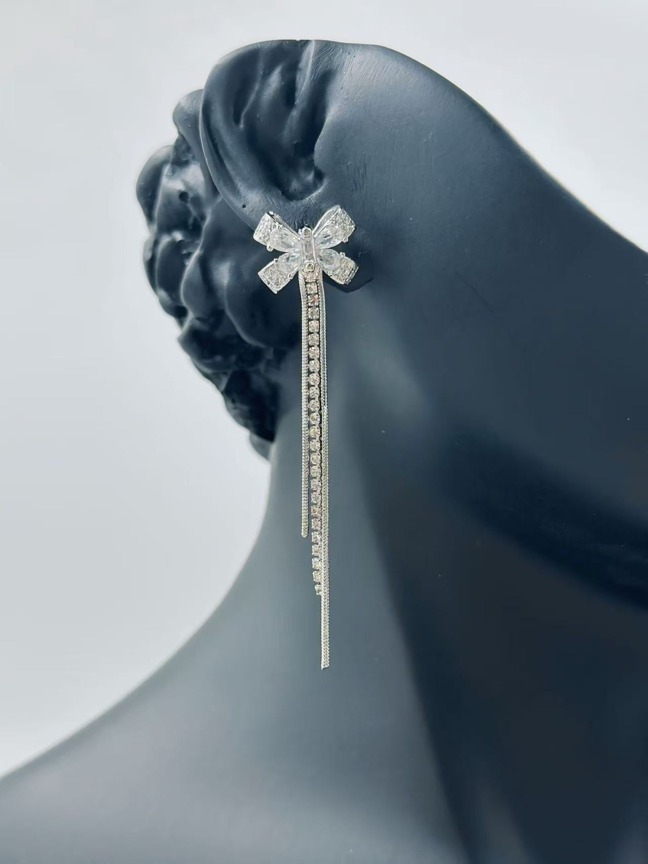 Elegant Bow Drop Earrings with Double Chain Tassels