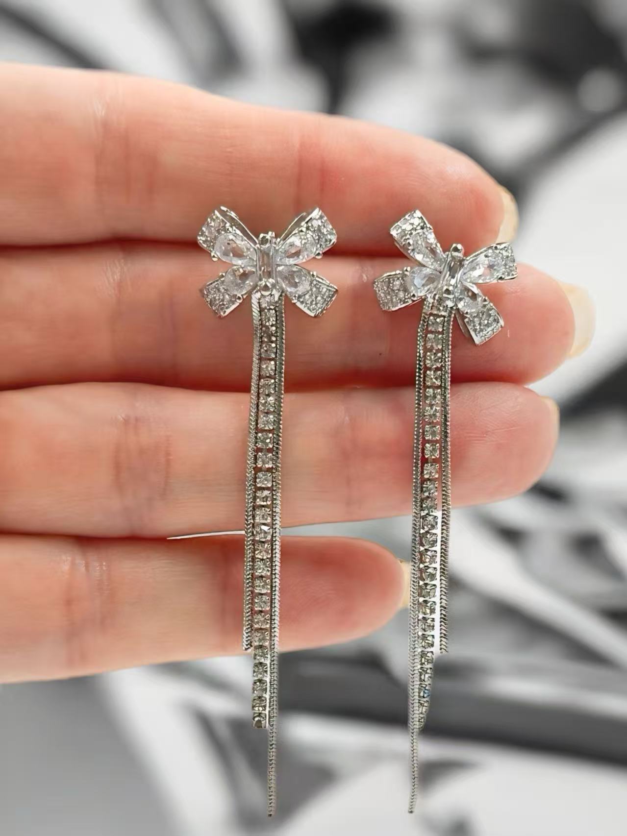 Elegant Bow Drop Earrings with Double Chain Tassels
