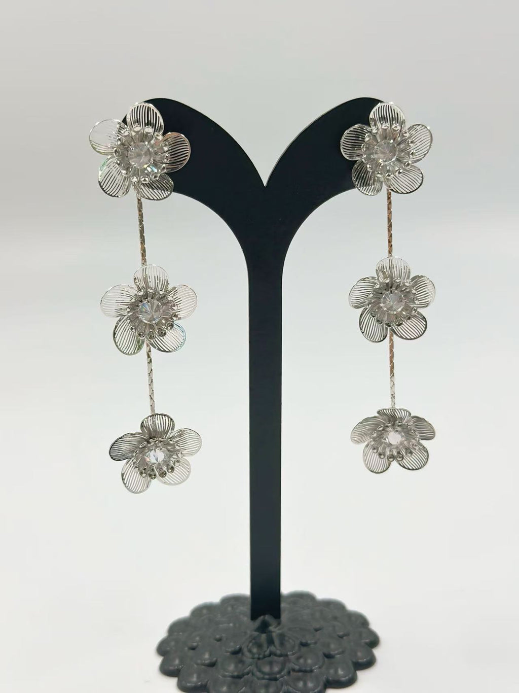 Triple Blossom Silver-Tone Drop Earrings