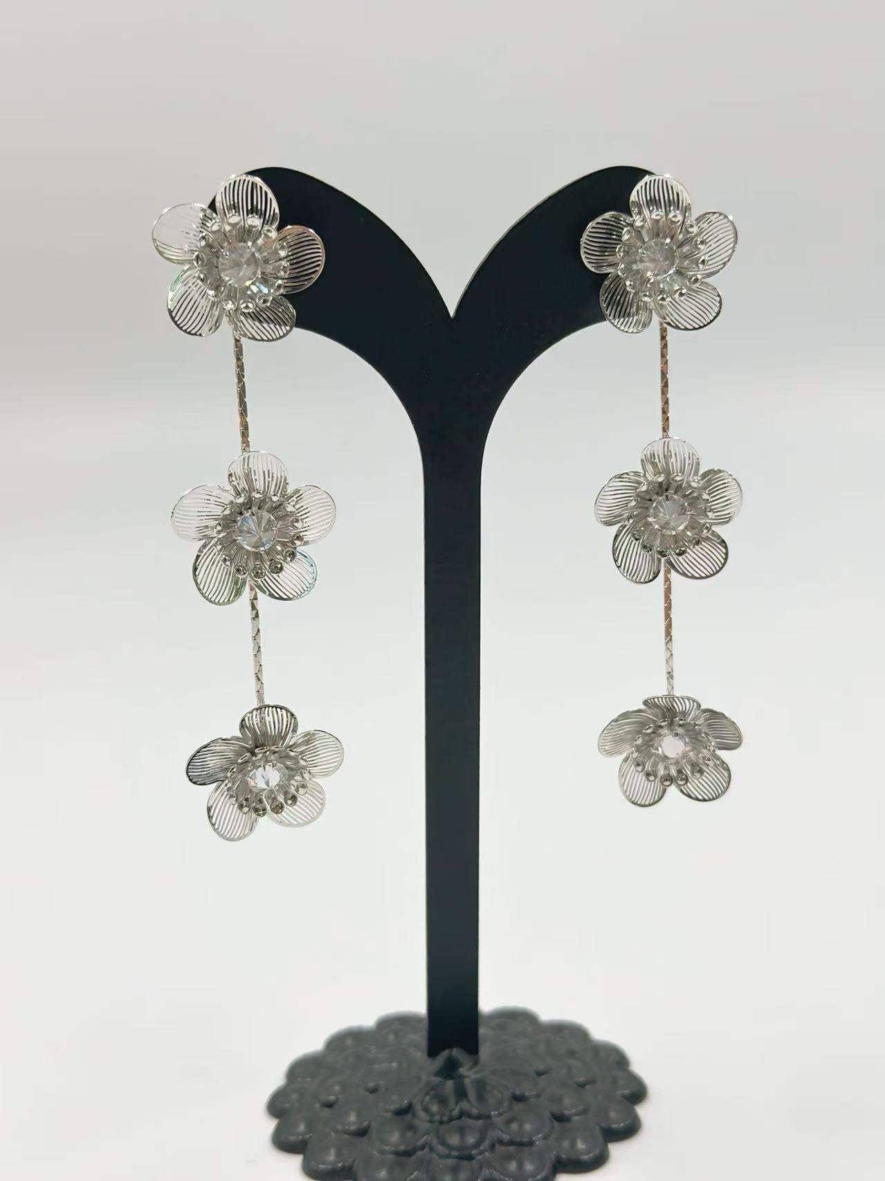 Triple Blossom Silver-Tone Drop Earrings