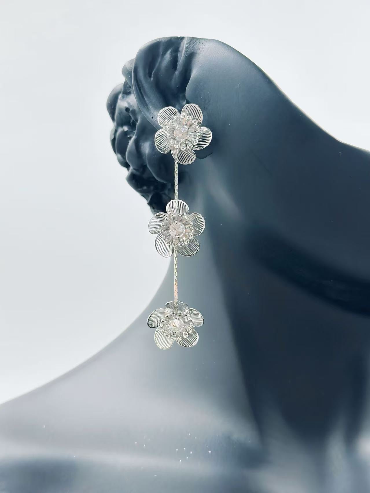 Triple Blossom Silver-Tone Drop Earrings