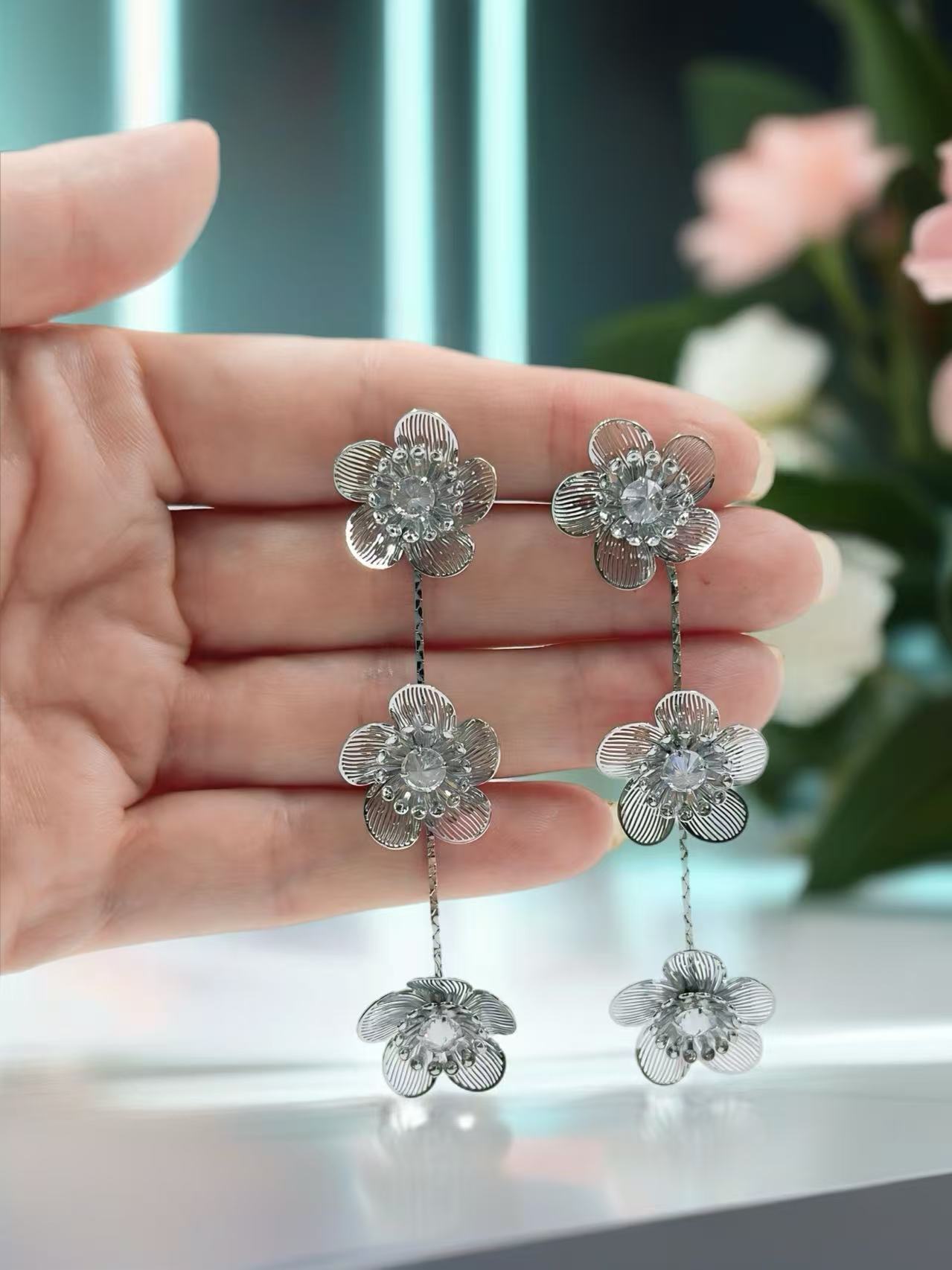 Triple Blossom Silver-Tone Drop Earrings