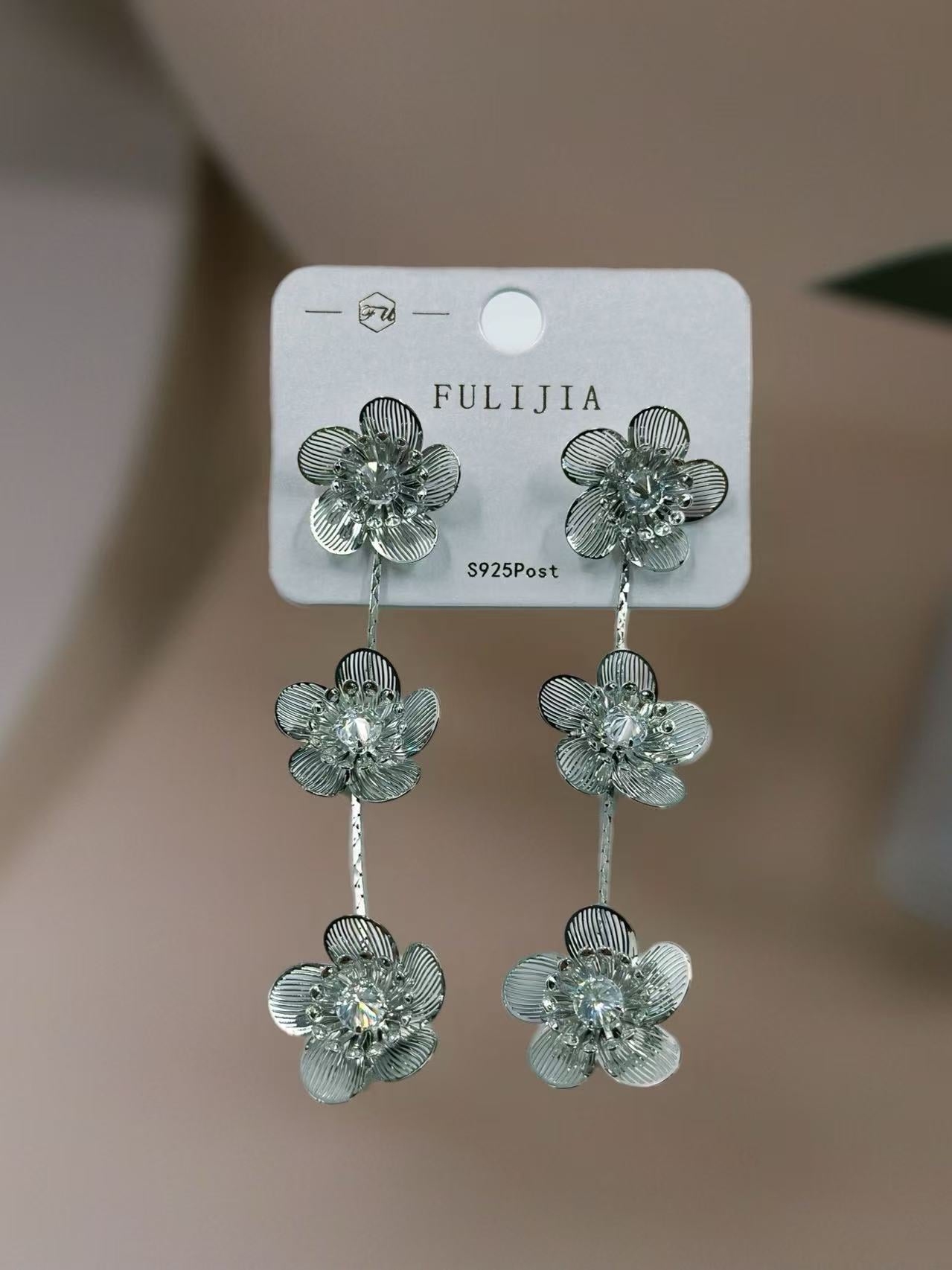 Triple Blossom Silver-Tone Drop Earrings