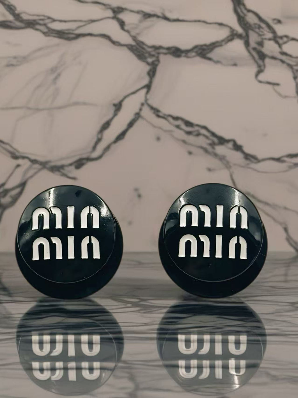 Retro Logo Button Stud Earrings – Black & Red