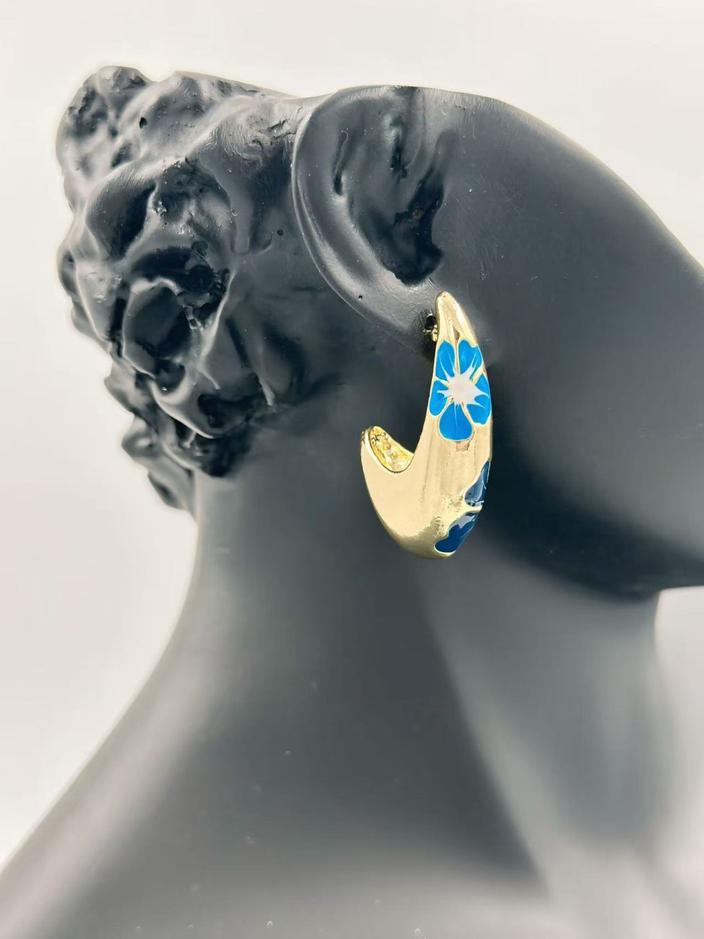 Gold-Tone Curved Floral Enamel Earrings – Multicolor Variants