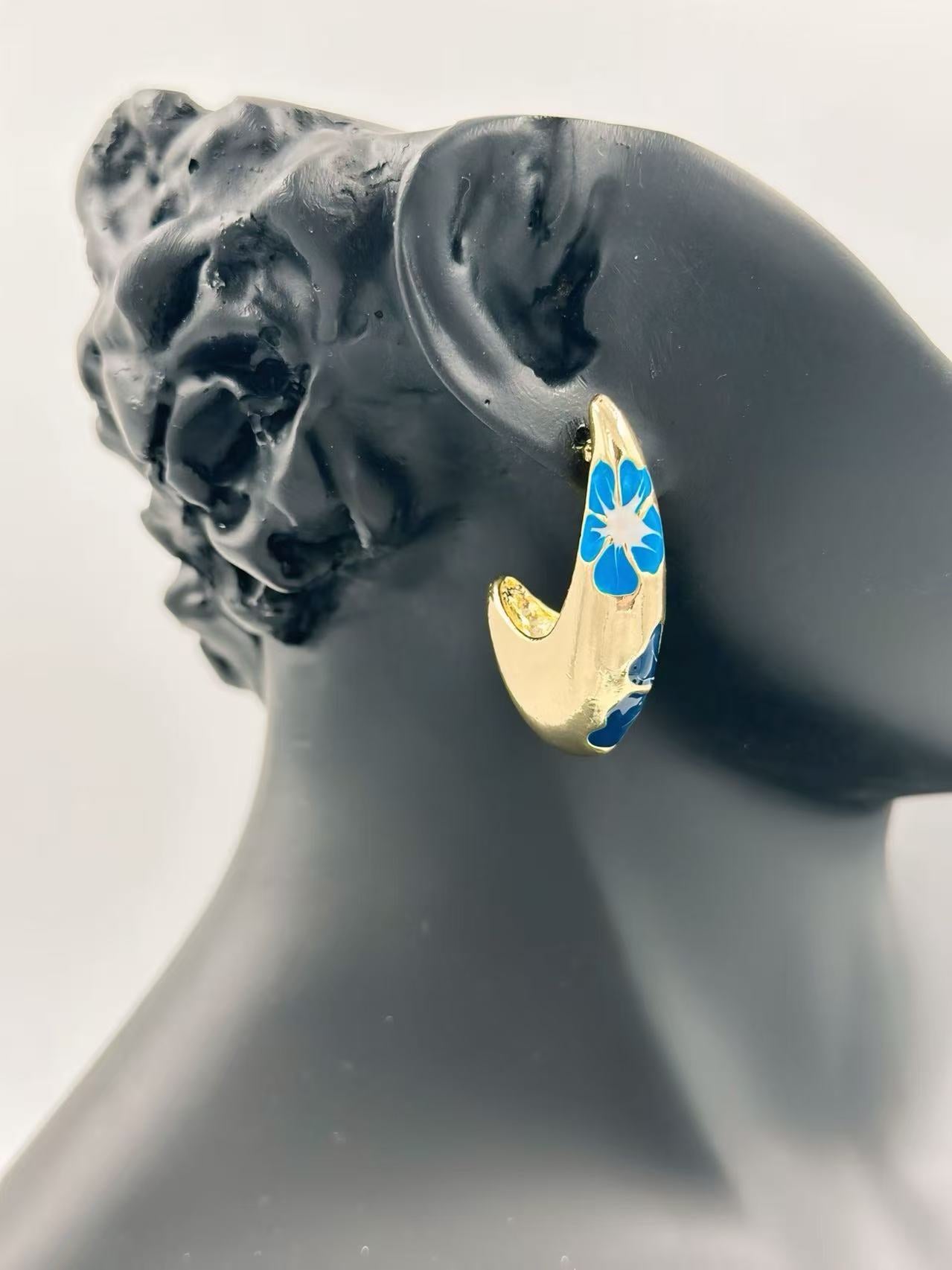 Gold-Tone Curved Floral Enamel Earrings – Multicolor Variants