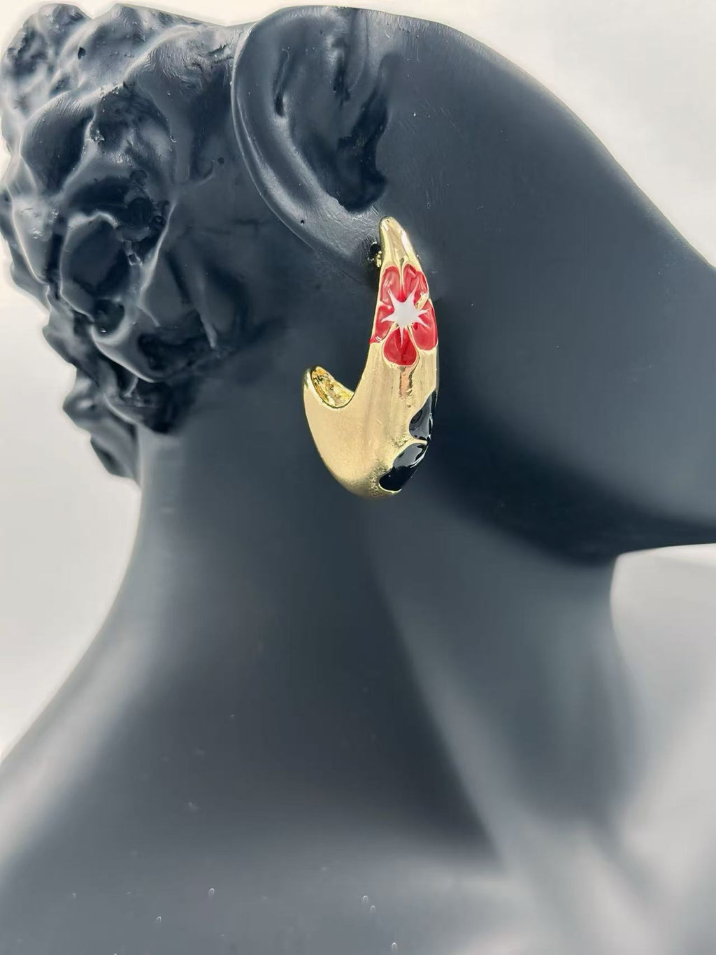 Gold-Tone Curved Floral Enamel Earrings – Multicolor Variants