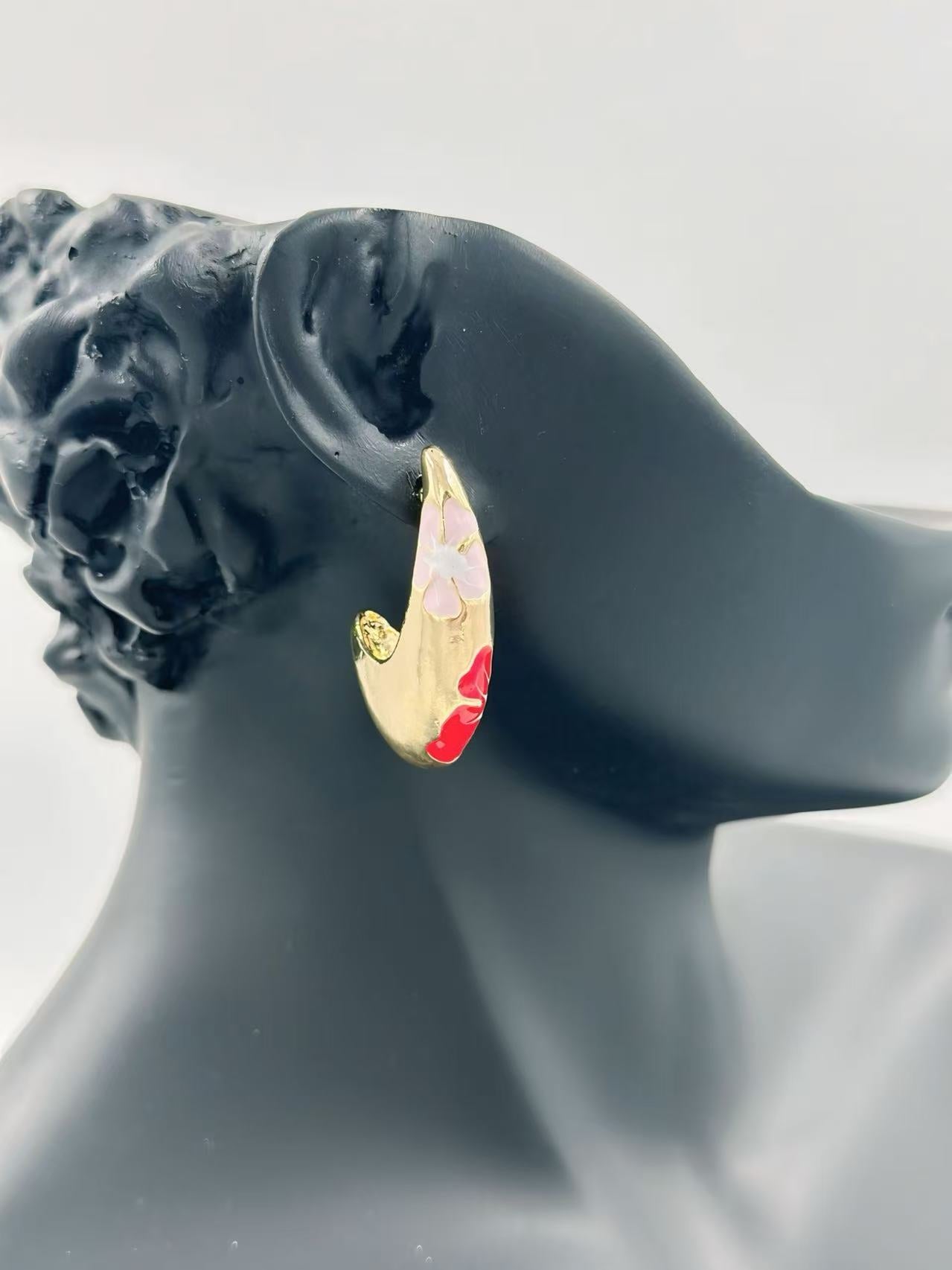 Gold-Tone Curved Floral Enamel Earrings – Multicolor Variants