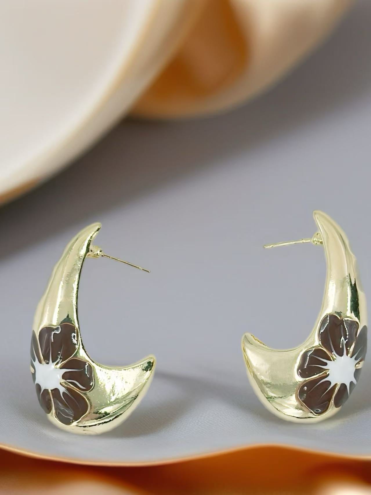 Gold-Tone Curved Floral Enamel Earrings – Multicolor Variants