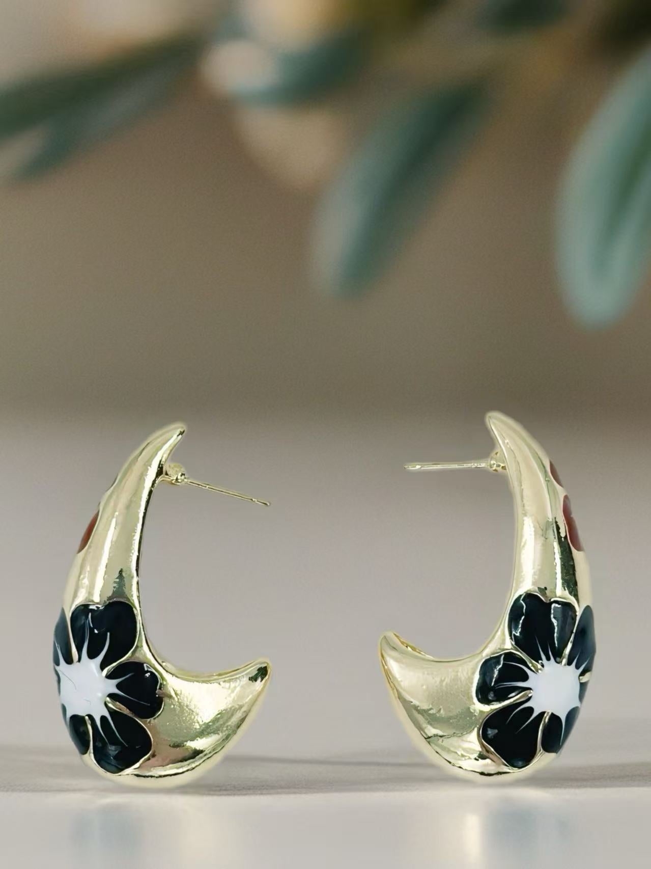 Gold-Tone Curved Floral Enamel Earrings – Multicolor Variants